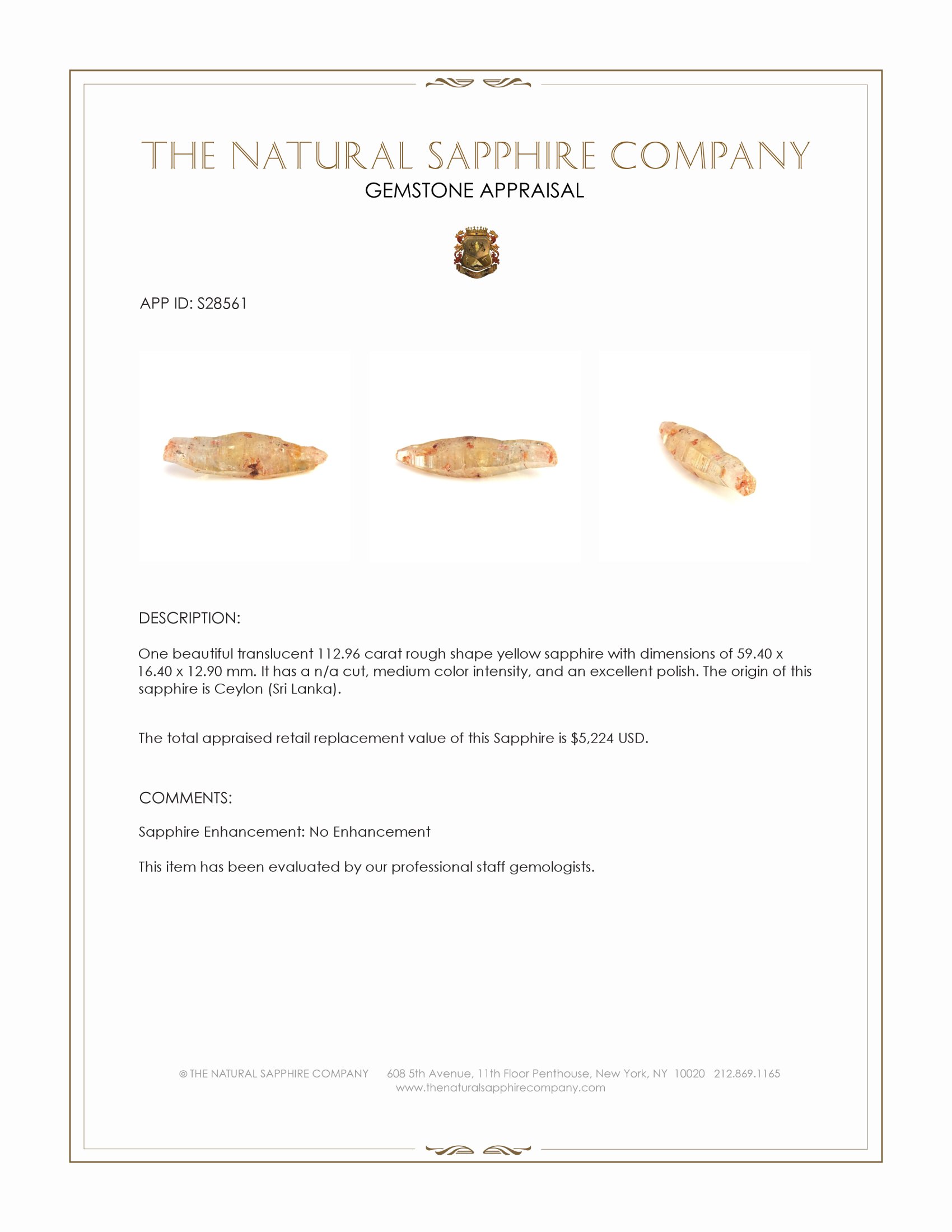 112.96 Ct. Yellow Rough Sapphire from Ceylon (Sri Lanka)