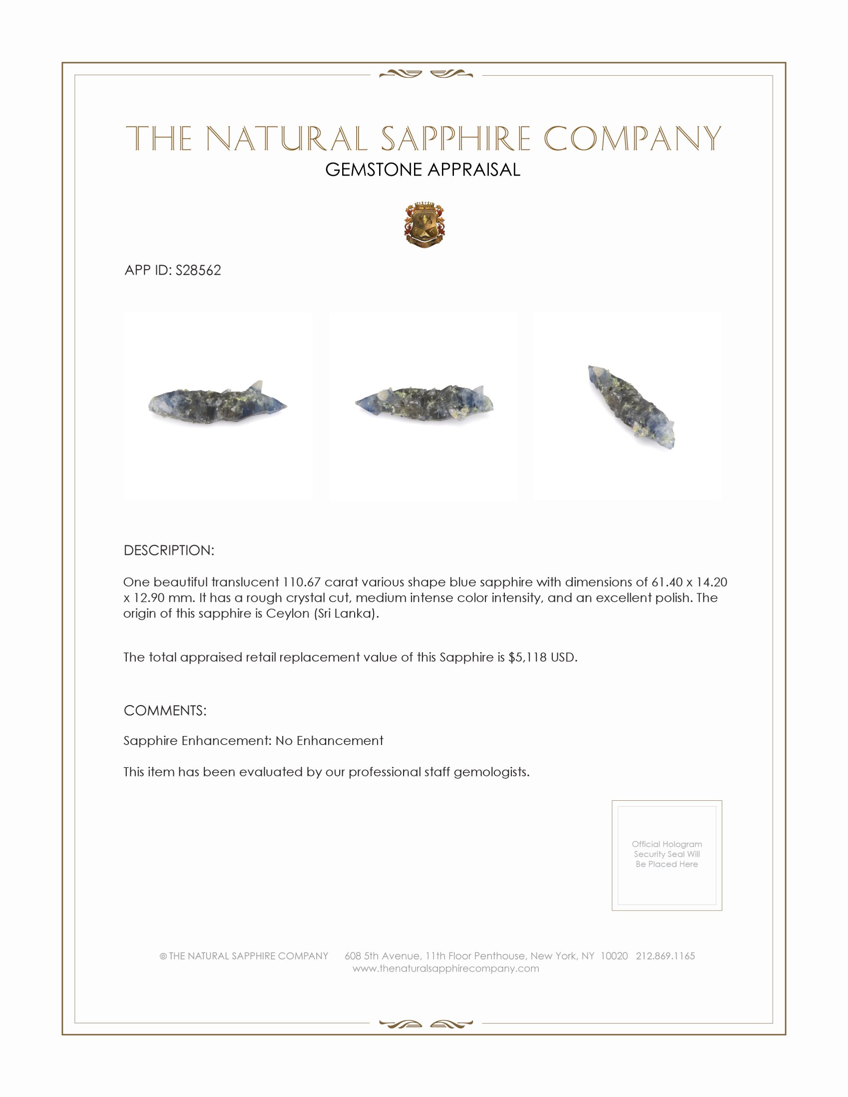 110.67 Ct. Blue Sapphire Crystal from Ceylon (Sri Lanka)