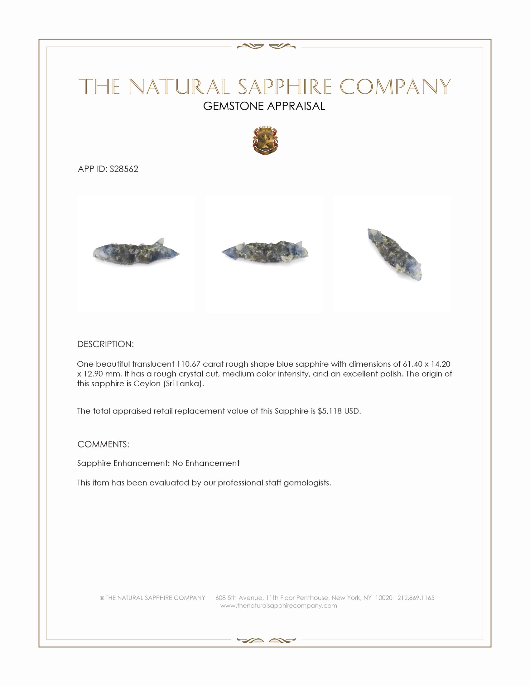 110.67 Ct. Blue Rough Sapphire Crystal from Ceylon (Sri Lanka)