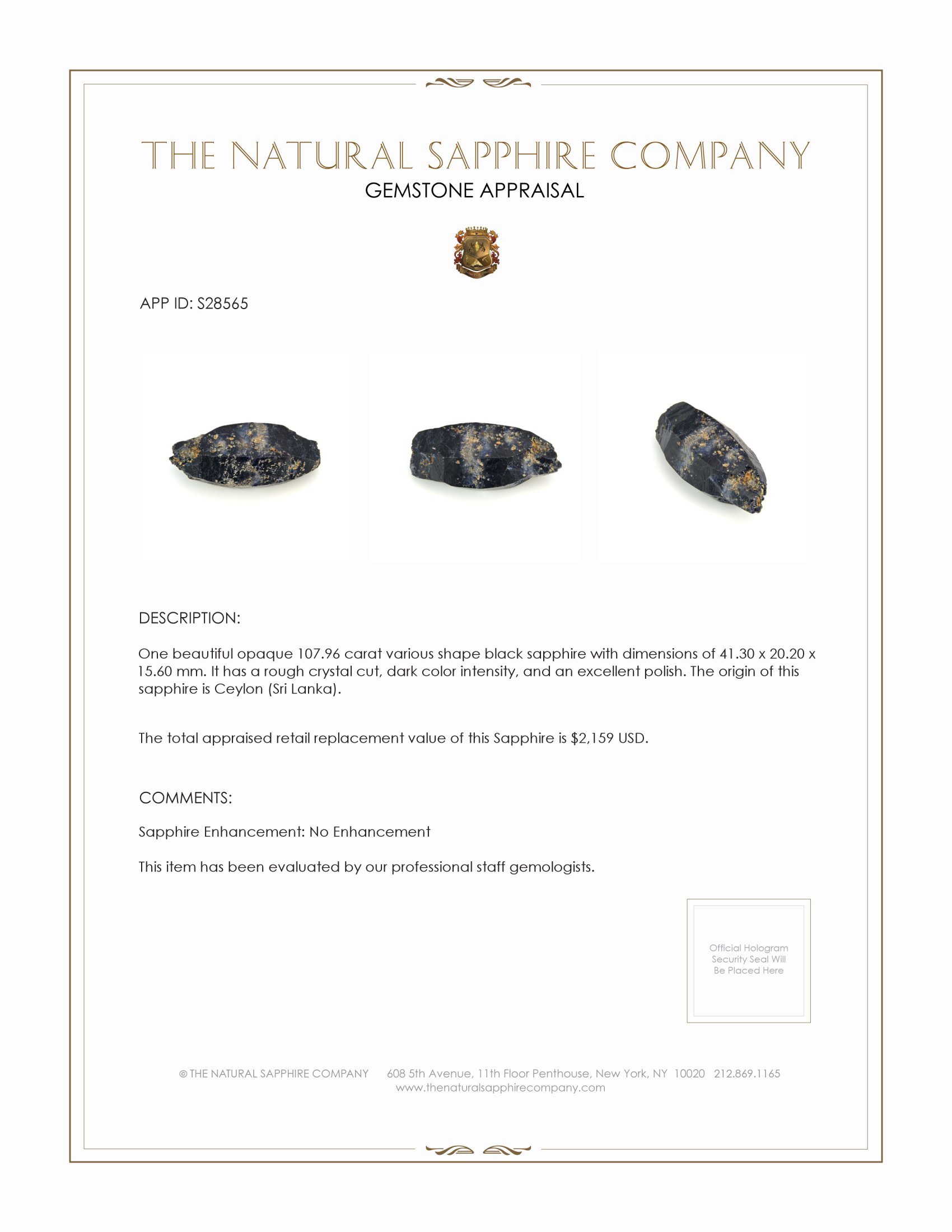 107.96 Ct. Black Sapphire Crystal from Ceylon (Sri Lanka)