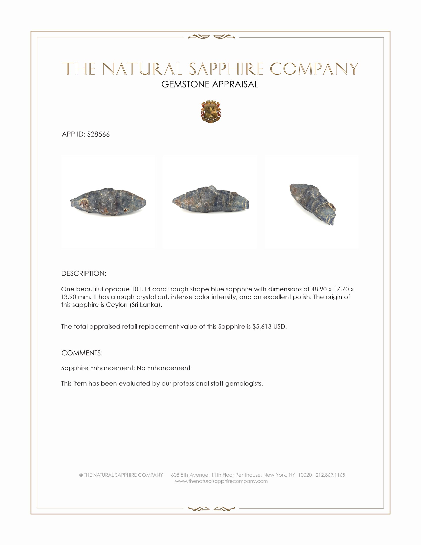 101.14 Ct. Blue Rough Sapphire Crystal from Ceylon (Sri Lanka)