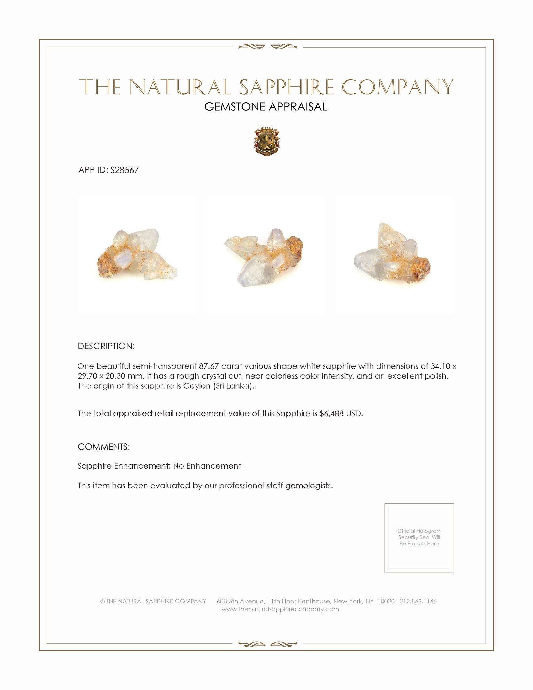 87.67 Ct. White Rough Sapphire from Ceylon (Sri Lanka)