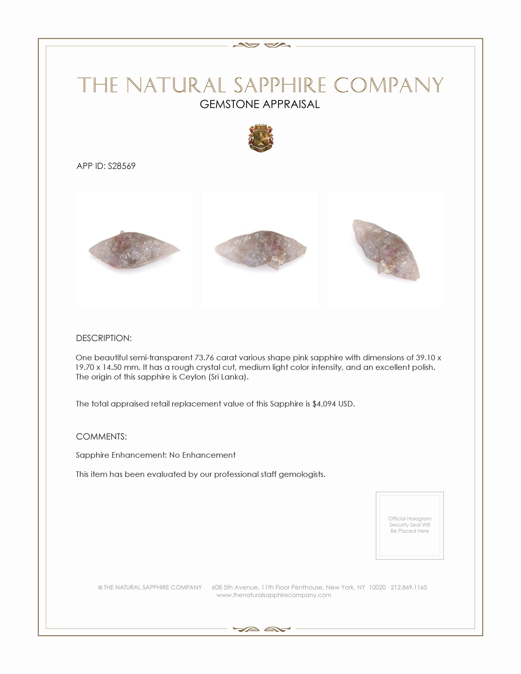 73.76 Ct. Pink Sapphire Crystal from Ceylon (Sri Lanka)