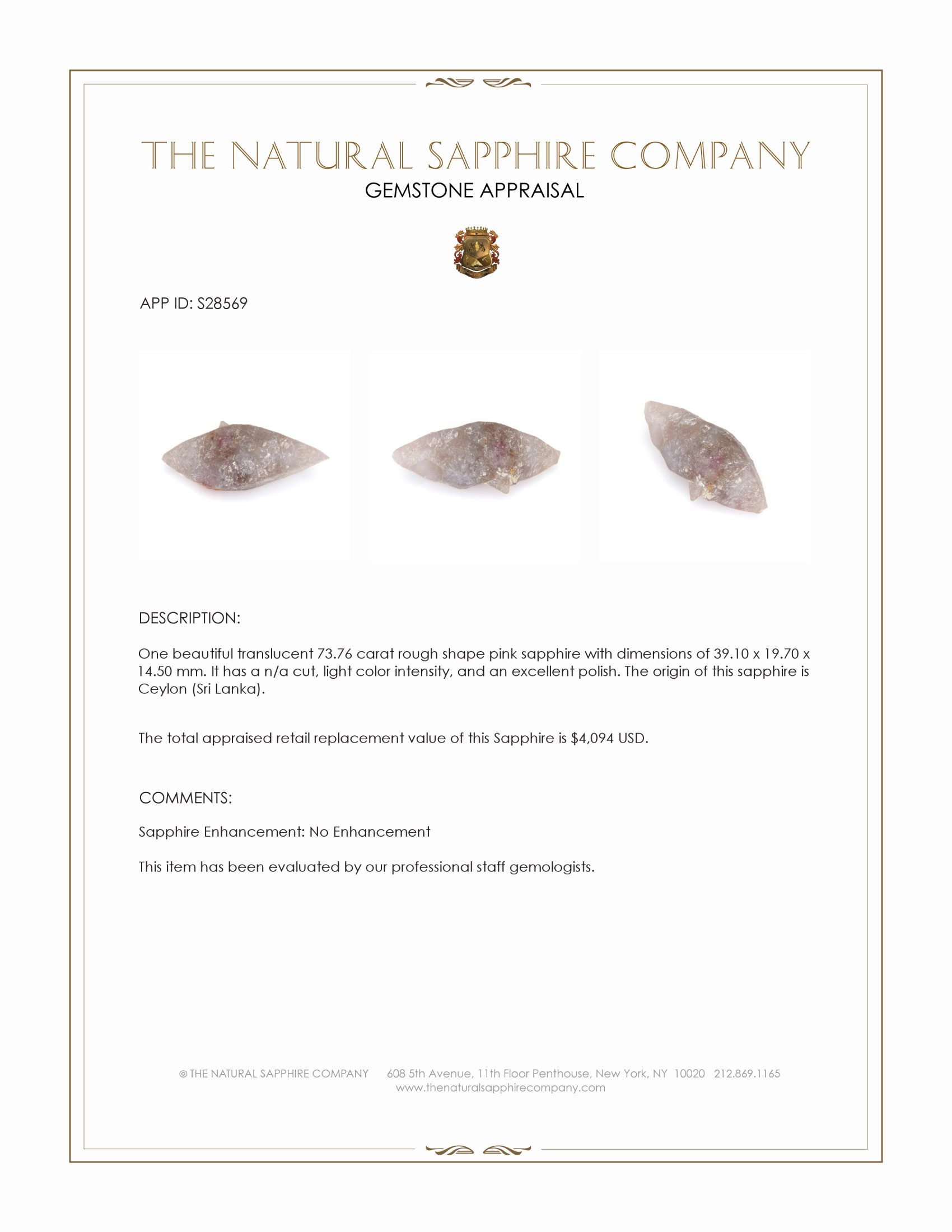 73.76 Ct. Pink Rough Sapphire from Ceylon (Sri Lanka)