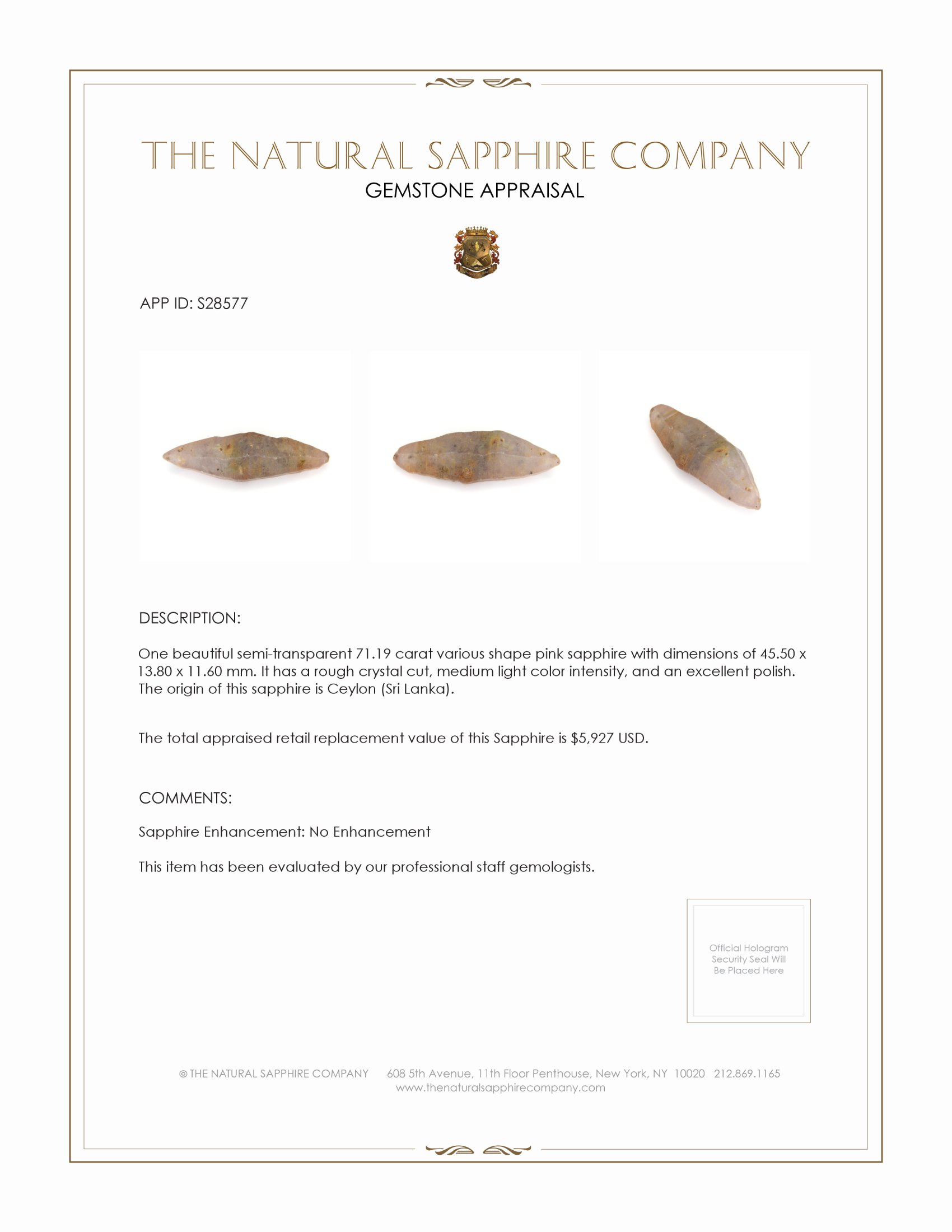 71.19 Ct. Pink Rough Sapphire from Ceylon (Sri Lanka)