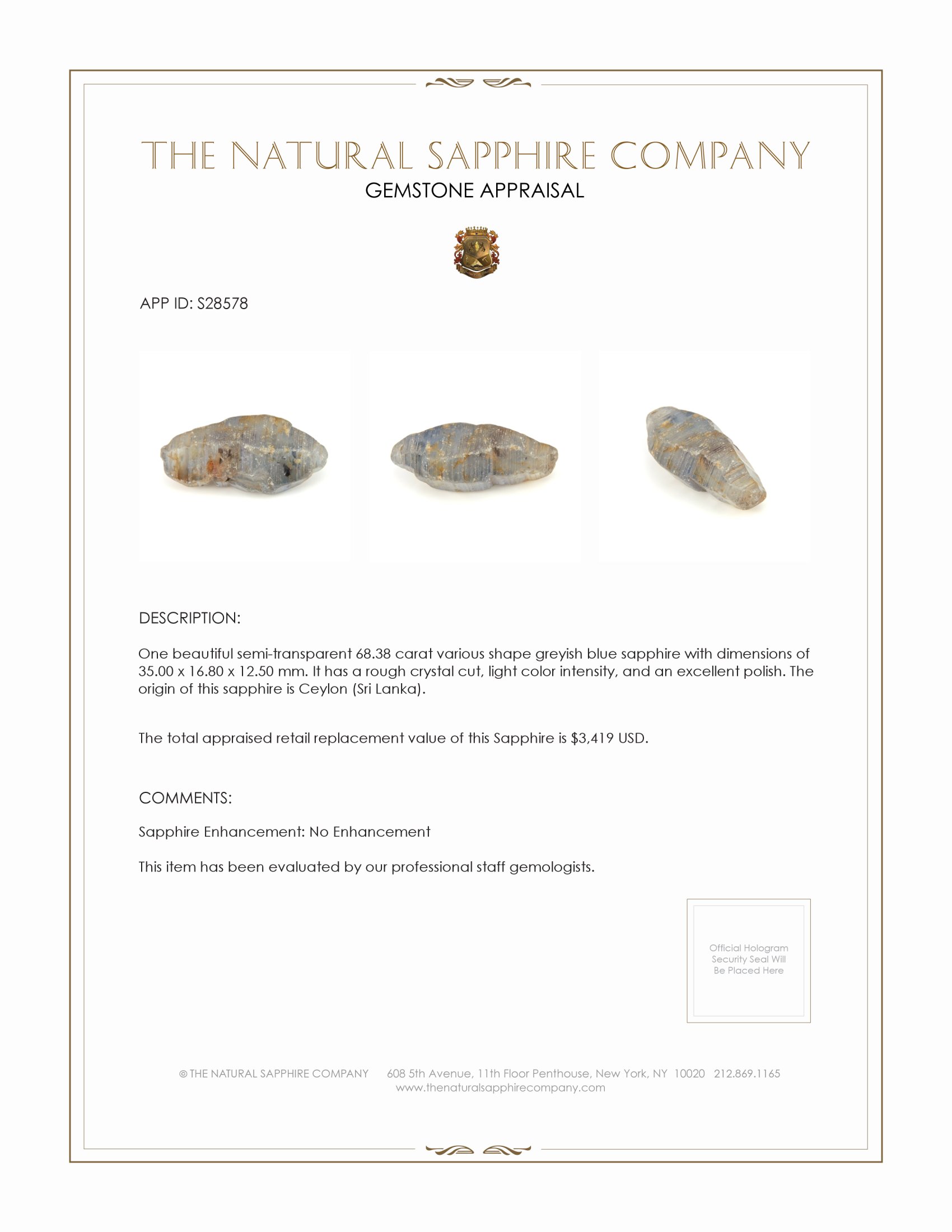 68.38 Ct. Greyish Blue Sapphire Crystal from Ceylon (Sri Lanka)