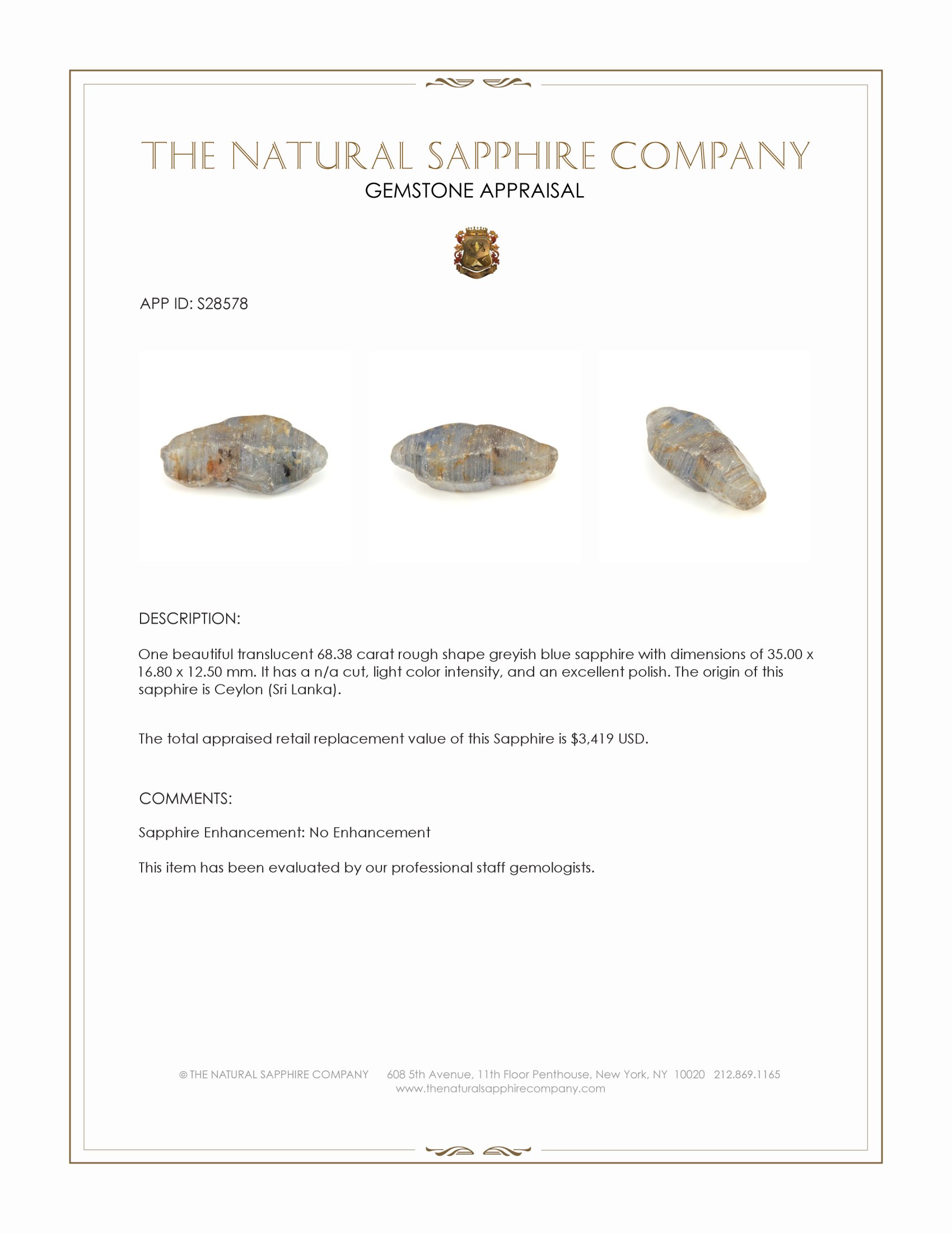 68.38 Ct. Greyish Blue Rough Sapphire from Ceylon (Sri Lanka)