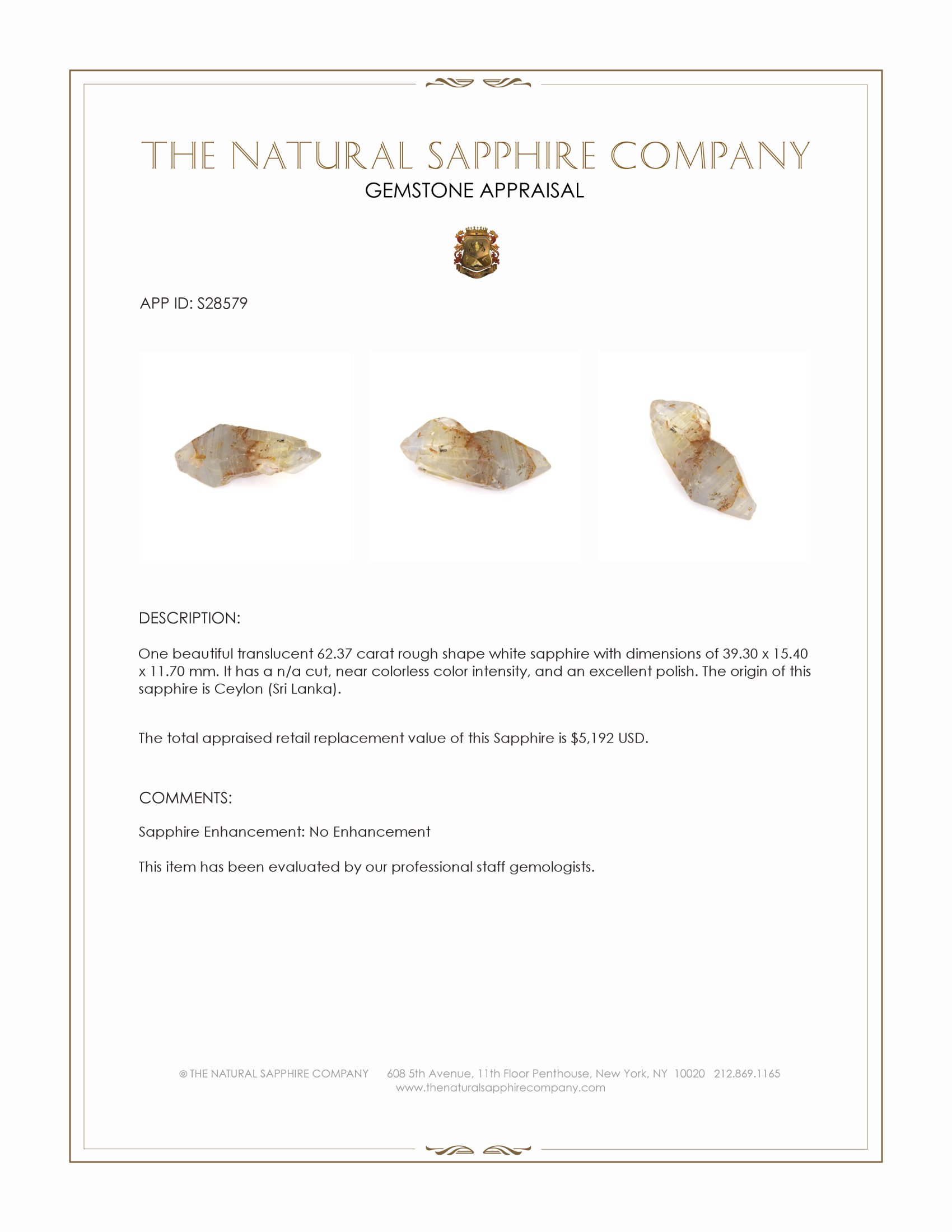 62.37 Ct. White Rough Sapphire from Ceylon (Sri Lanka)