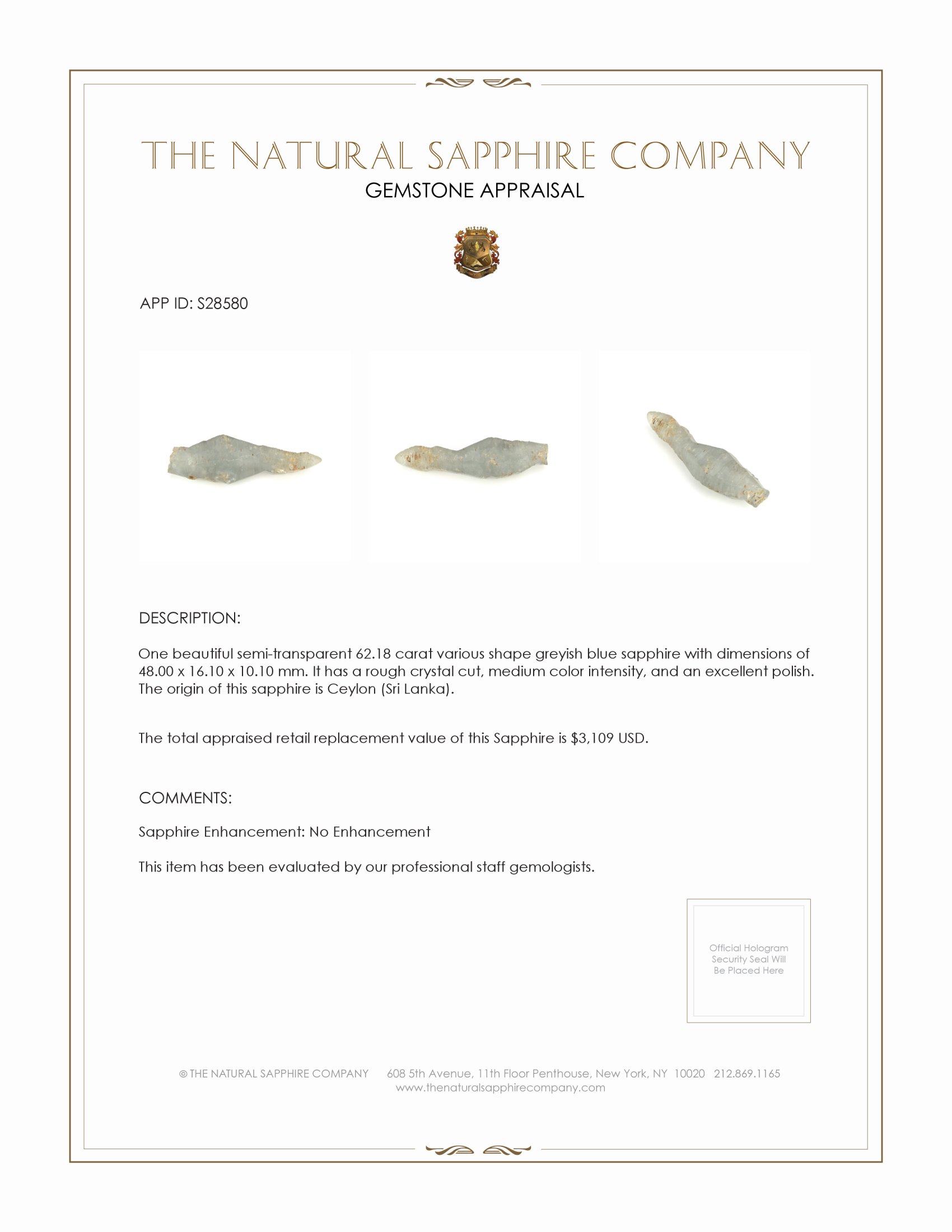 62.18 Ct. Greyish Blue Sapphire Crystal from Ceylon (Sri Lanka)