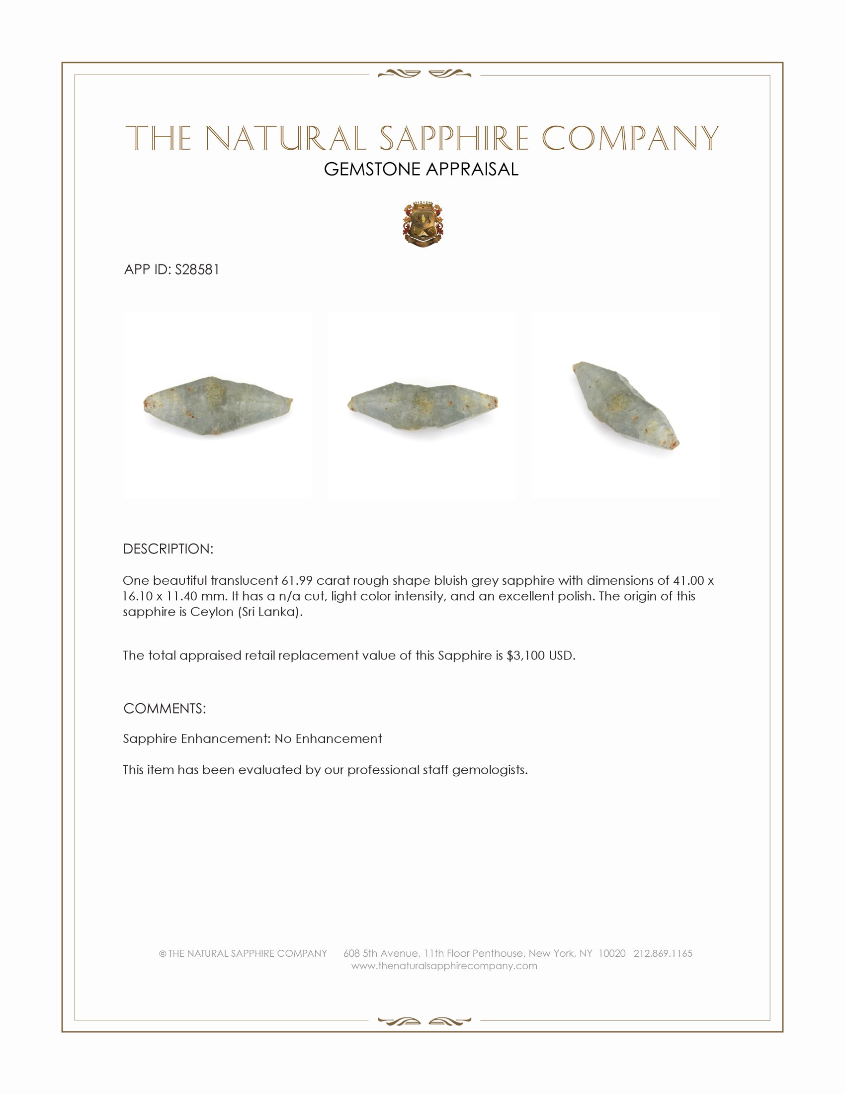 61.99 Ct. Bluish Grey Rough Sapphire from Ceylon (Sri Lanka)