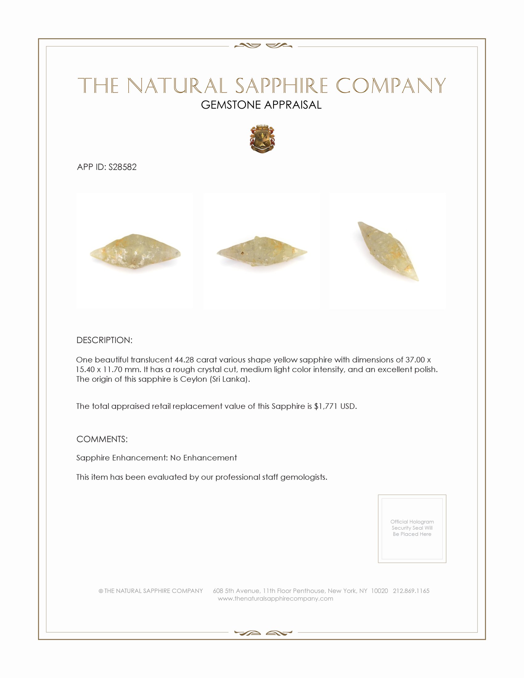 44.28 Ct. Yellow Sapphire Crystal from Ceylon (Sri Lanka)