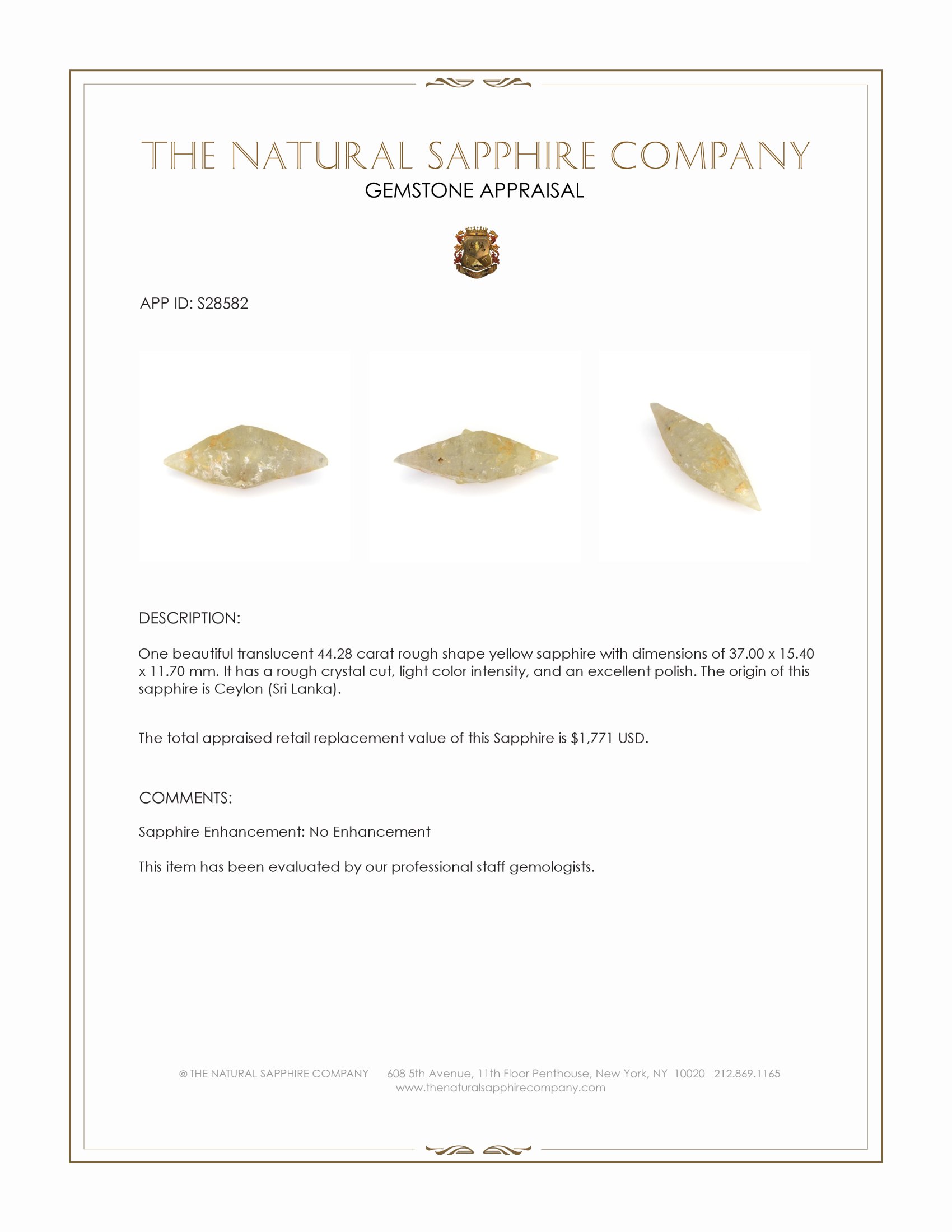 44.28 Ct. Yellow Rough Sapphire Crystal from Ceylon (Sri Lanka)