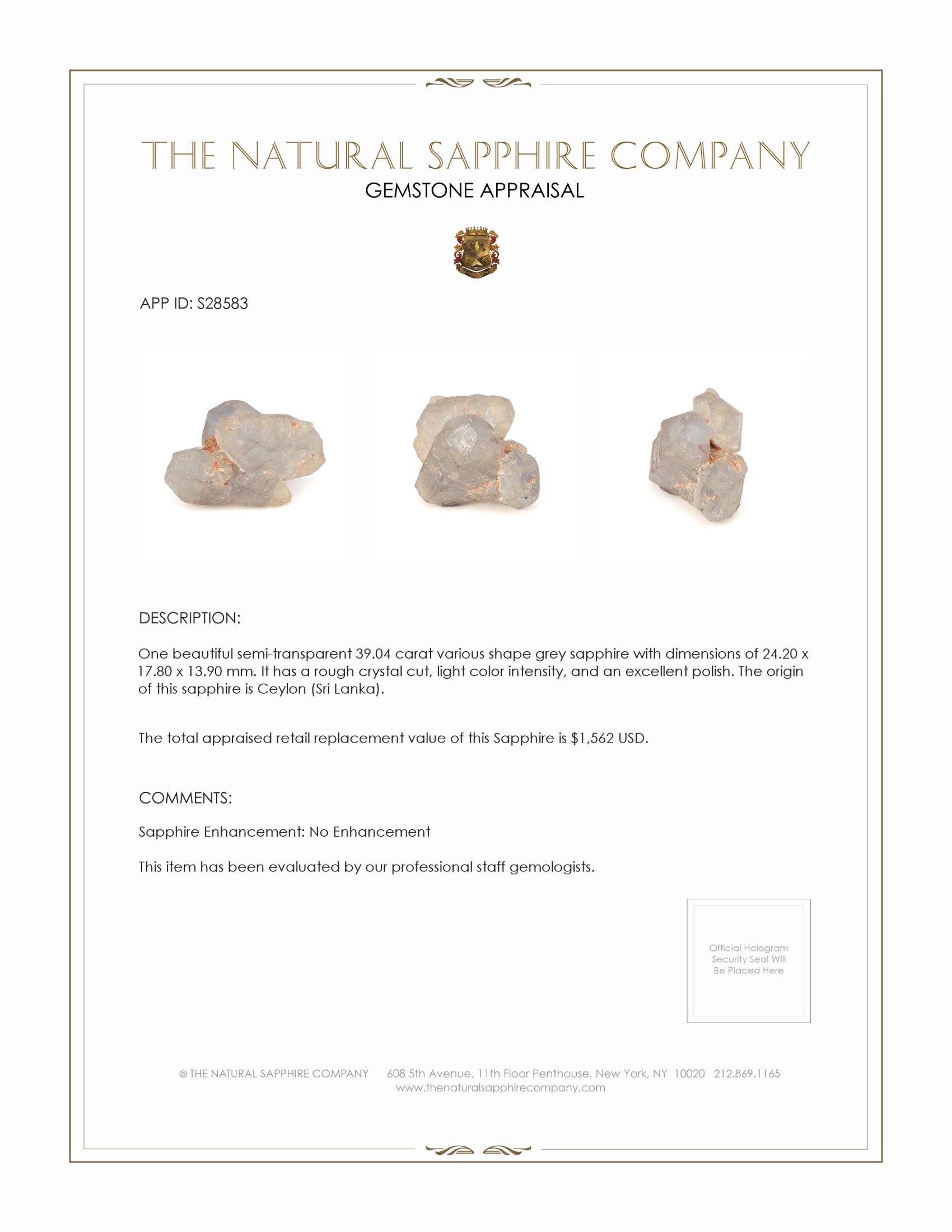 39.04 Ct. Grey Sapphire Crystal from Ceylon (Sri Lanka)