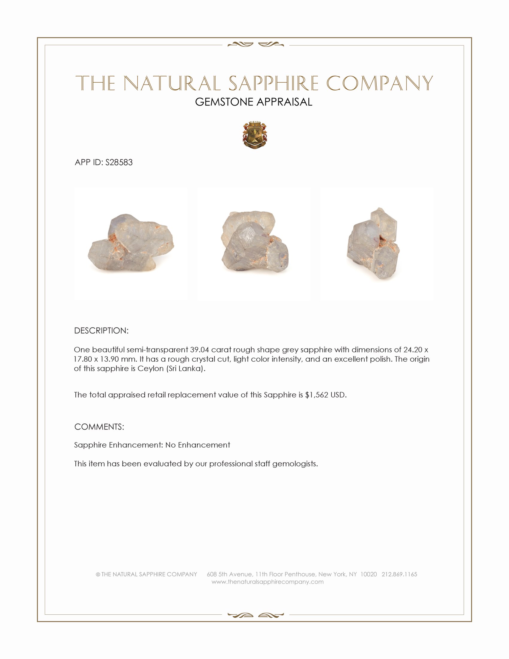 39.04 Ct. Grey Rough Sapphire from Ceylon (Sri Lanka)