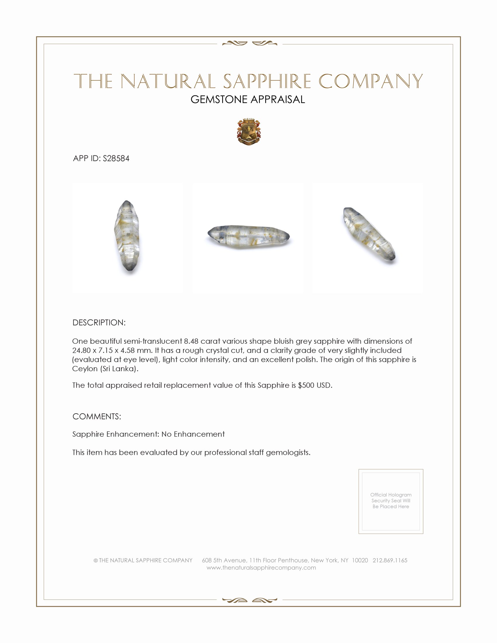 8.48 Ct. Bluish Grey Sapphire Crystal from Ceylon (Sri Lanka)