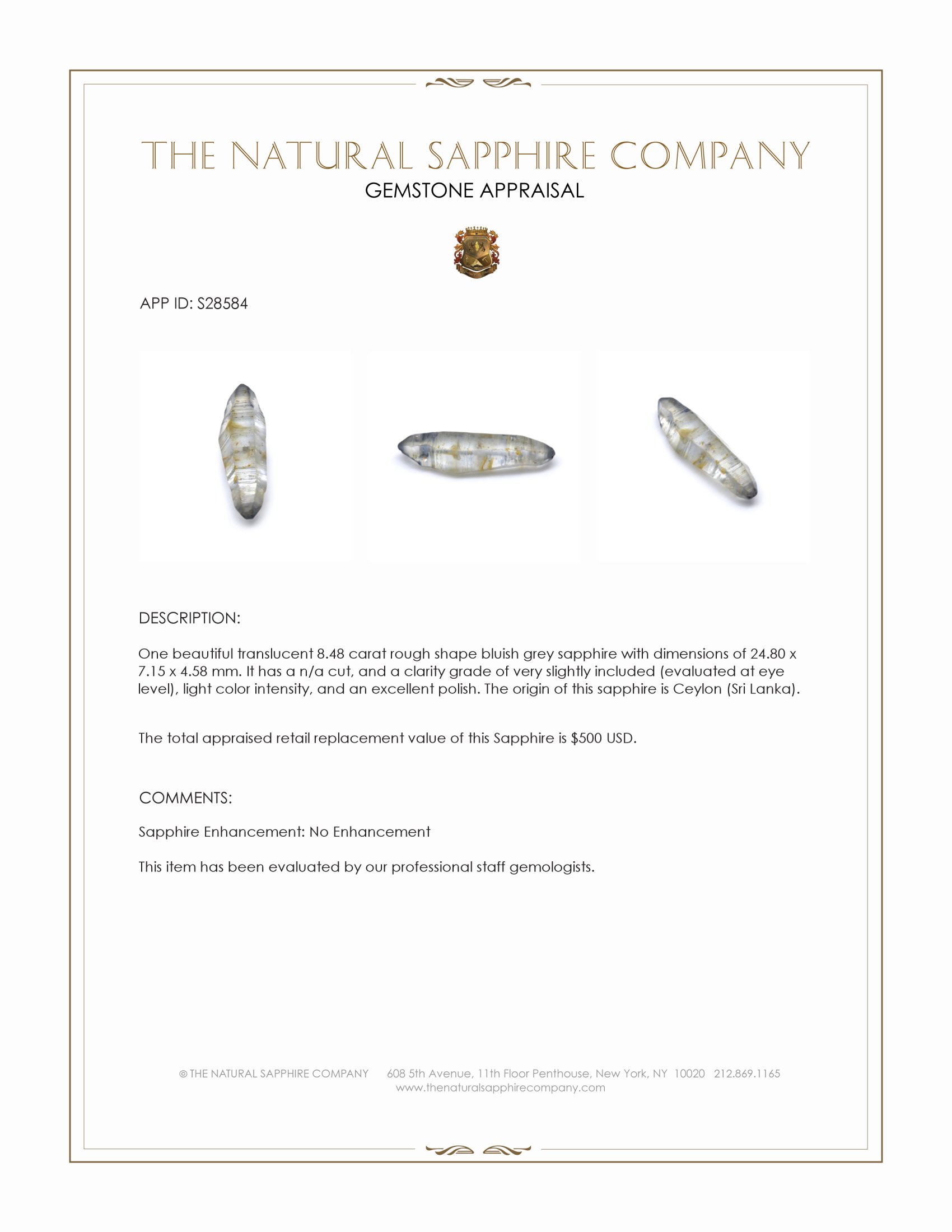 8.48 Ct. Bluish Grey Rough Sapphire from Ceylon (Sri Lanka)