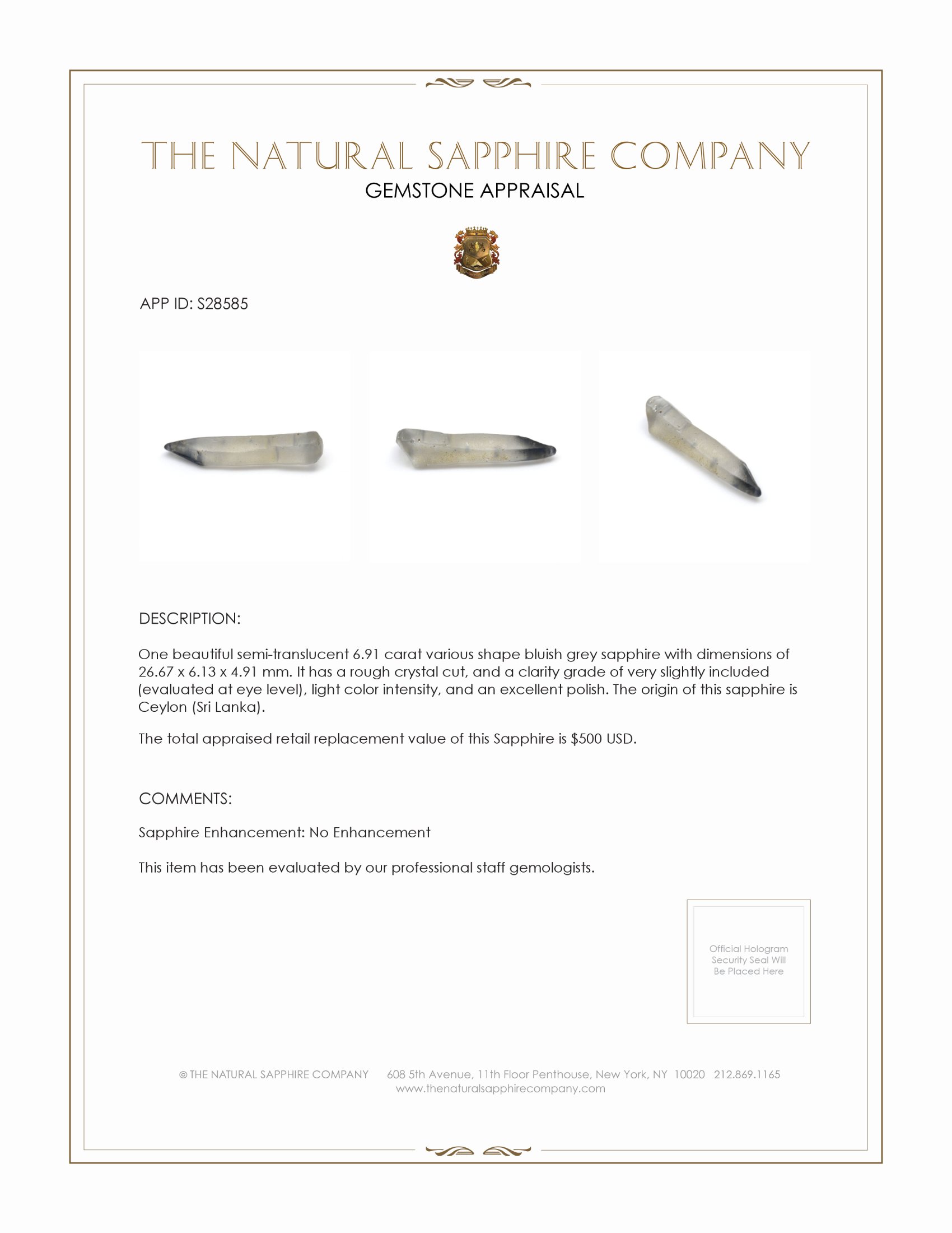 6.91 Ct. Bluish Grey Sapphire Crystal from Ceylon (Sri Lanka)