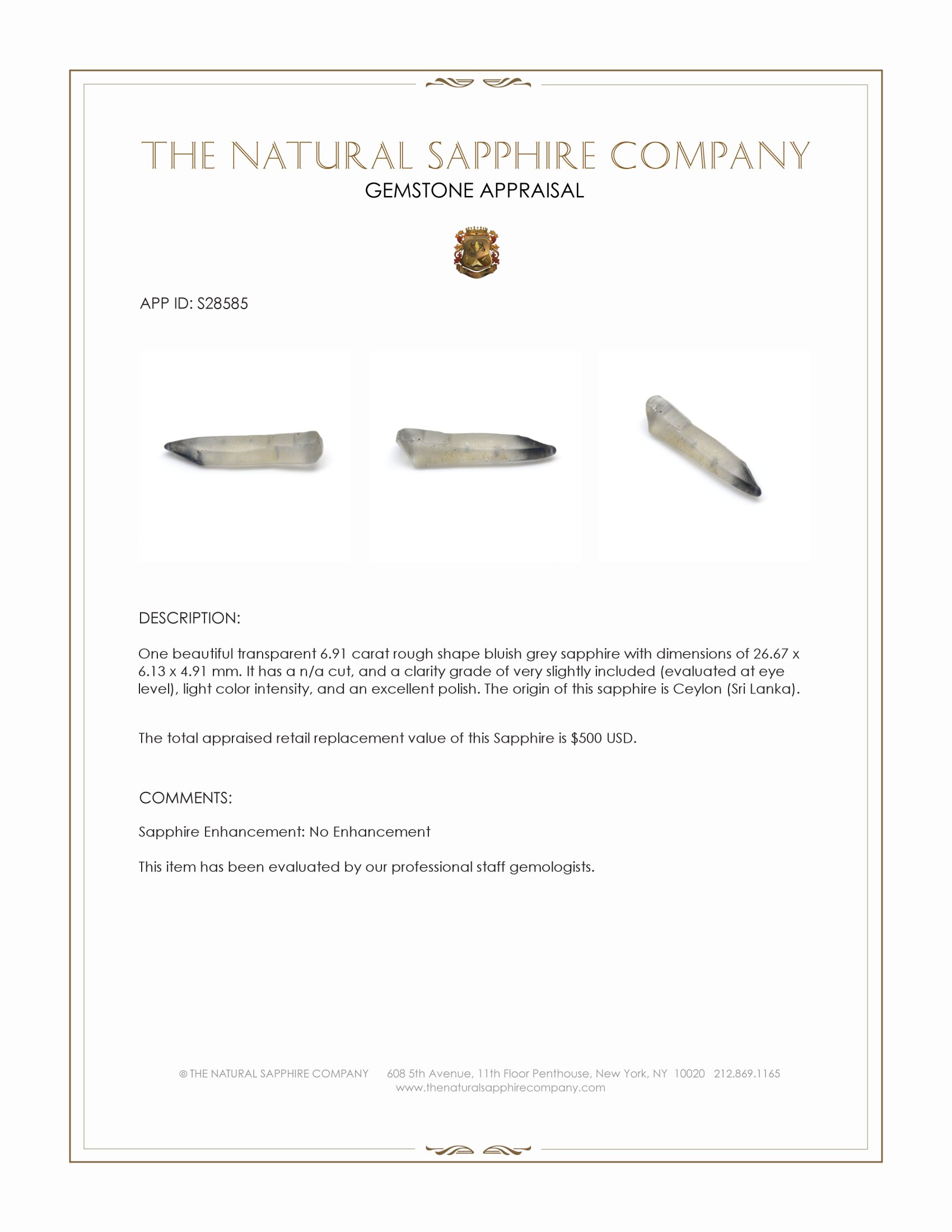 6.91 Ct. Bluish Grey Rough Sapphire from Ceylon (Sri Lanka)