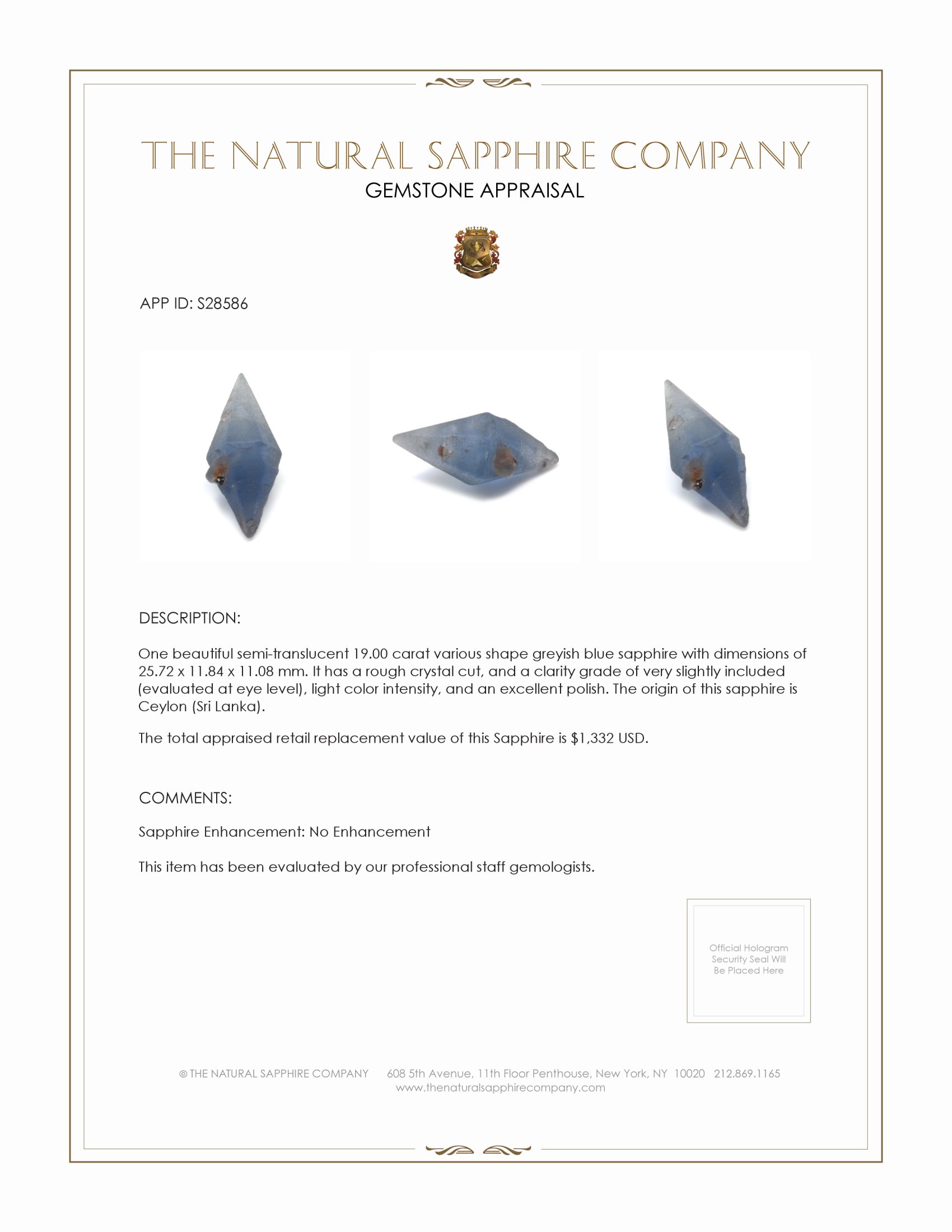 19.00 Ct. Greyish Blue Sapphire Crystal from Ceylon (Sri Lanka)