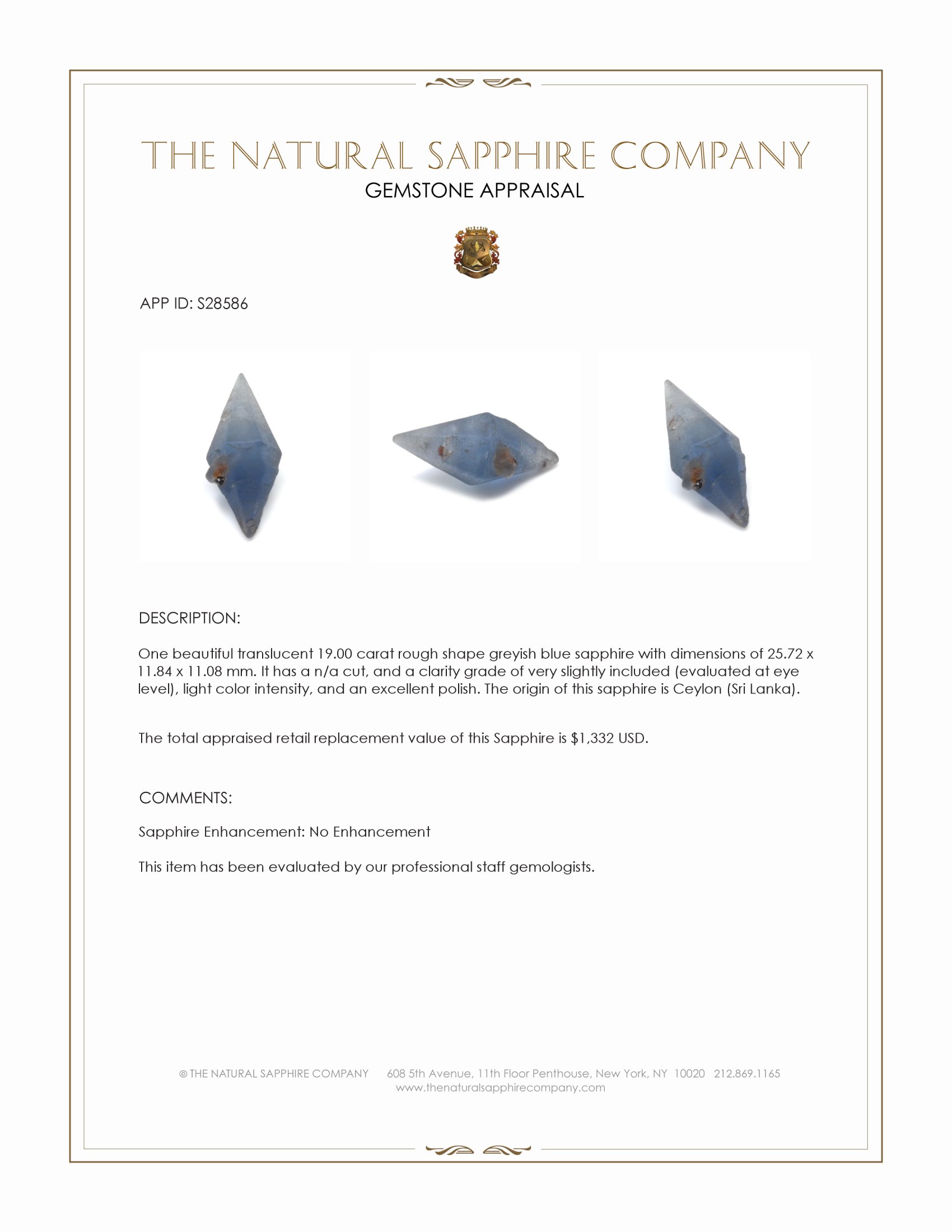 19.00 Ct. Greyish Blue Rough Sapphire from Ceylon (Sri Lanka)