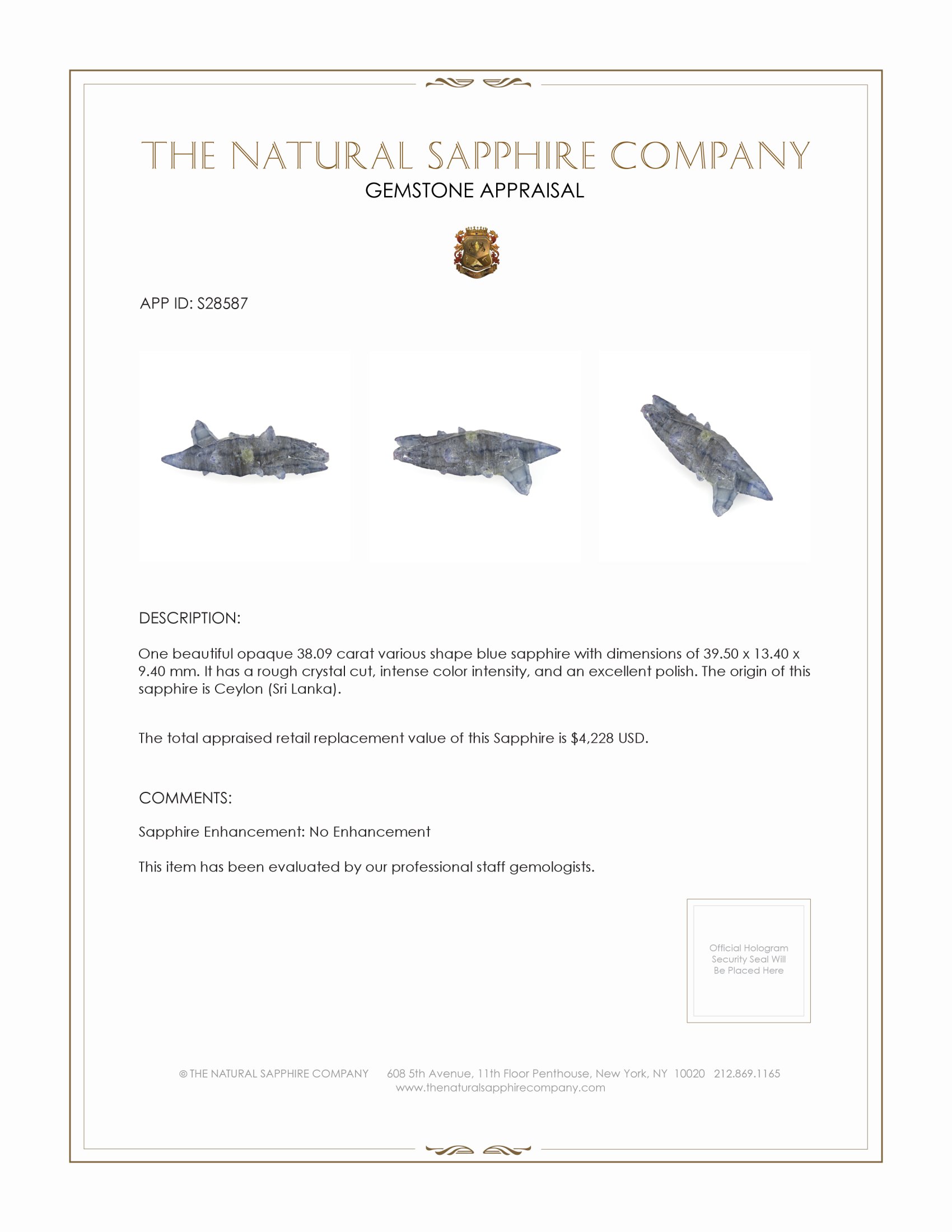 38.09 Ct. Blue Sapphire Crystal from Ceylon (Sri Lanka)