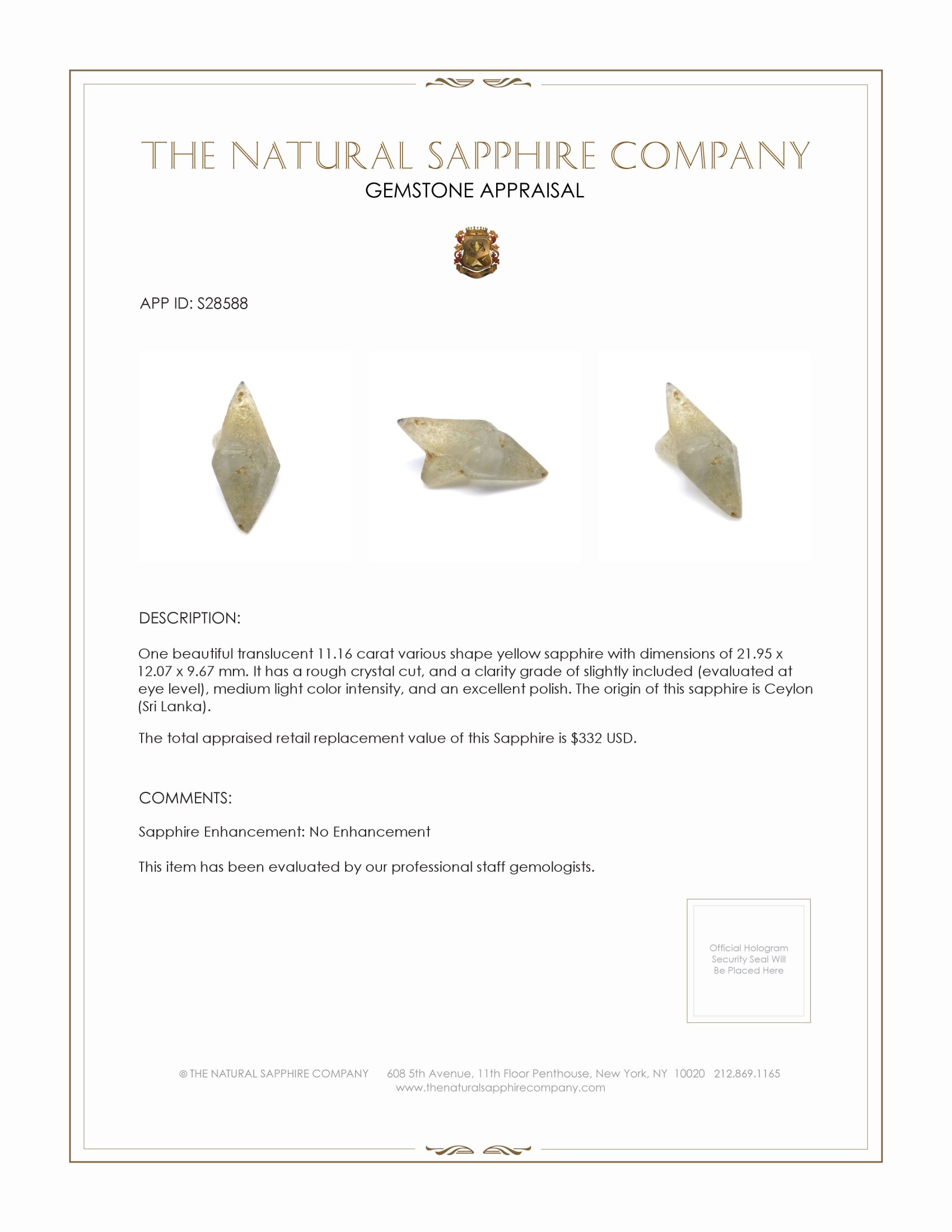 11.16 Ct. Yellow Sapphire Crystal from Ceylon (Sri Lanka)