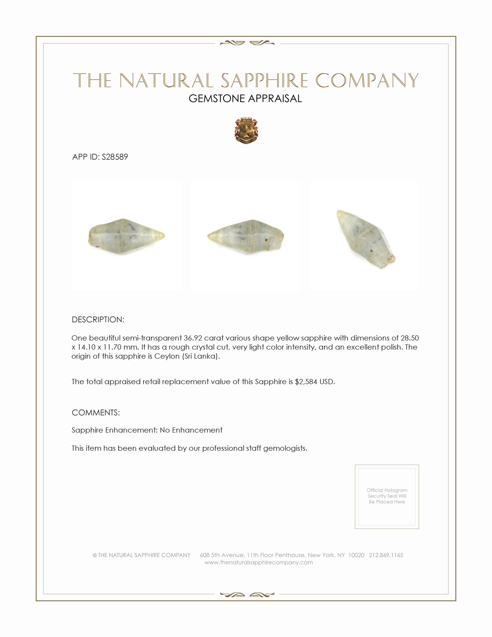 36.92 Ct. Yellow Rough Sapphire from Ceylon (Sri Lanka)