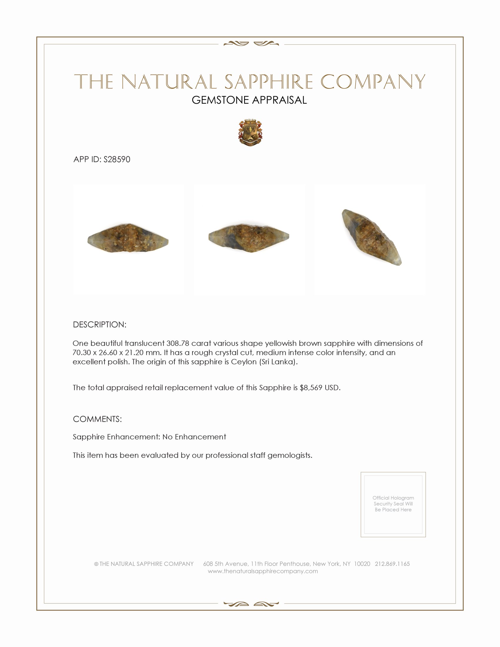 308.78 Ct. Yellowish Brown Sapphire Crystal from Ceylon (Sri Lanka)