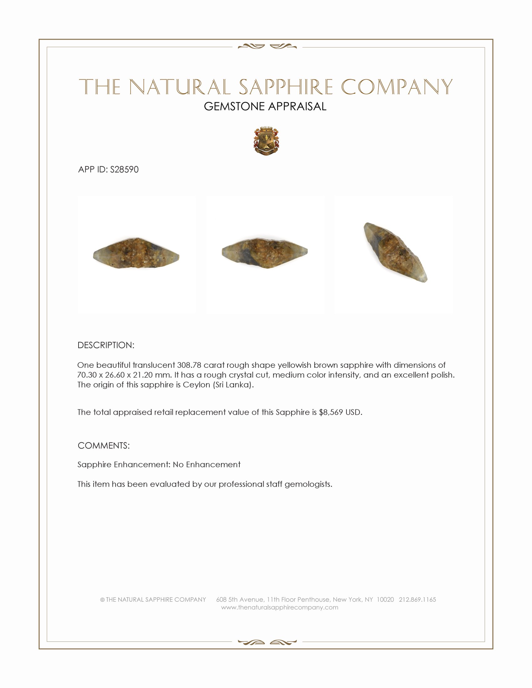 308.78 Ct. Yellowish Brown Rough Sapphire Crystal from Ceylon (Sri Lanka)