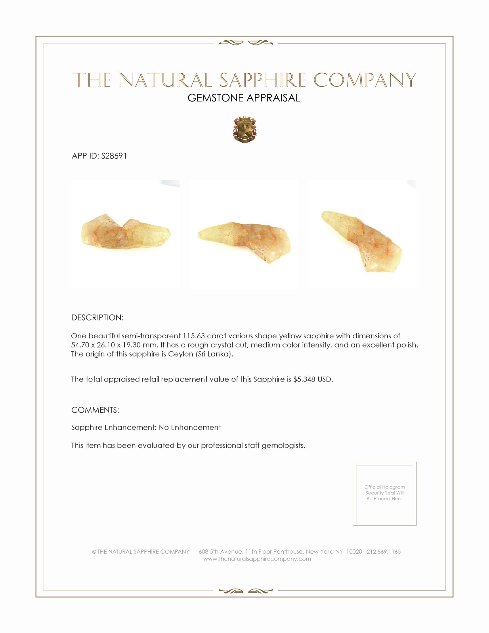 115.63 Ct. Yellow Rough Sapphire from Ceylon (Sri Lanka)