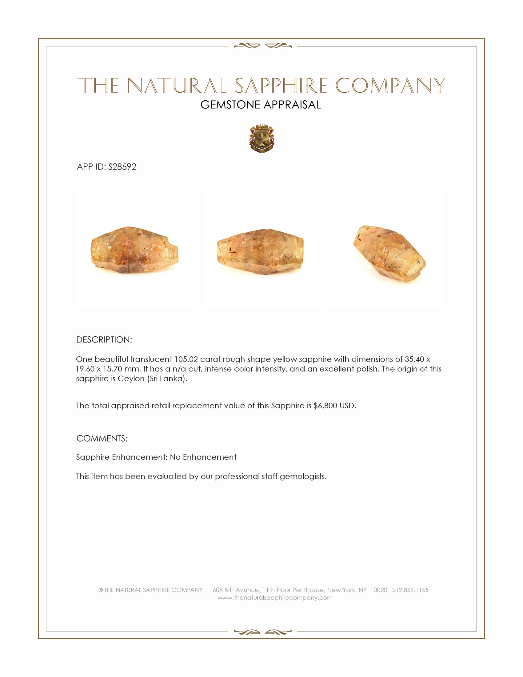 105.02 Ct. Yellow Rough Sapphire from Ceylon (Sri Lanka)