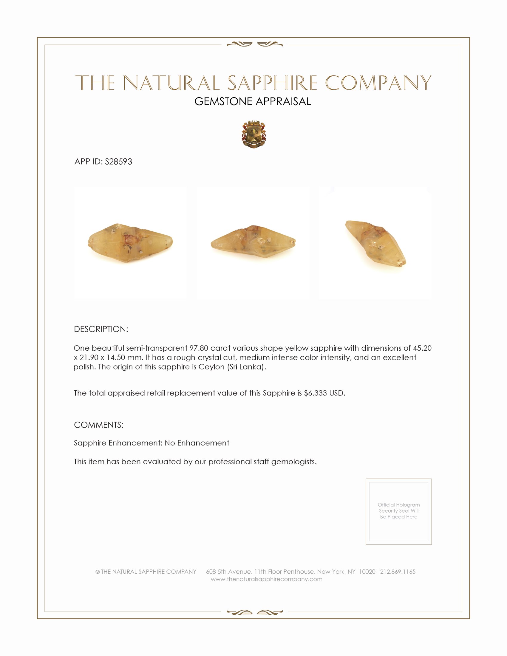 97.80 Ct. Yellow Sapphire Crystal from Ceylon (Sri Lanka)