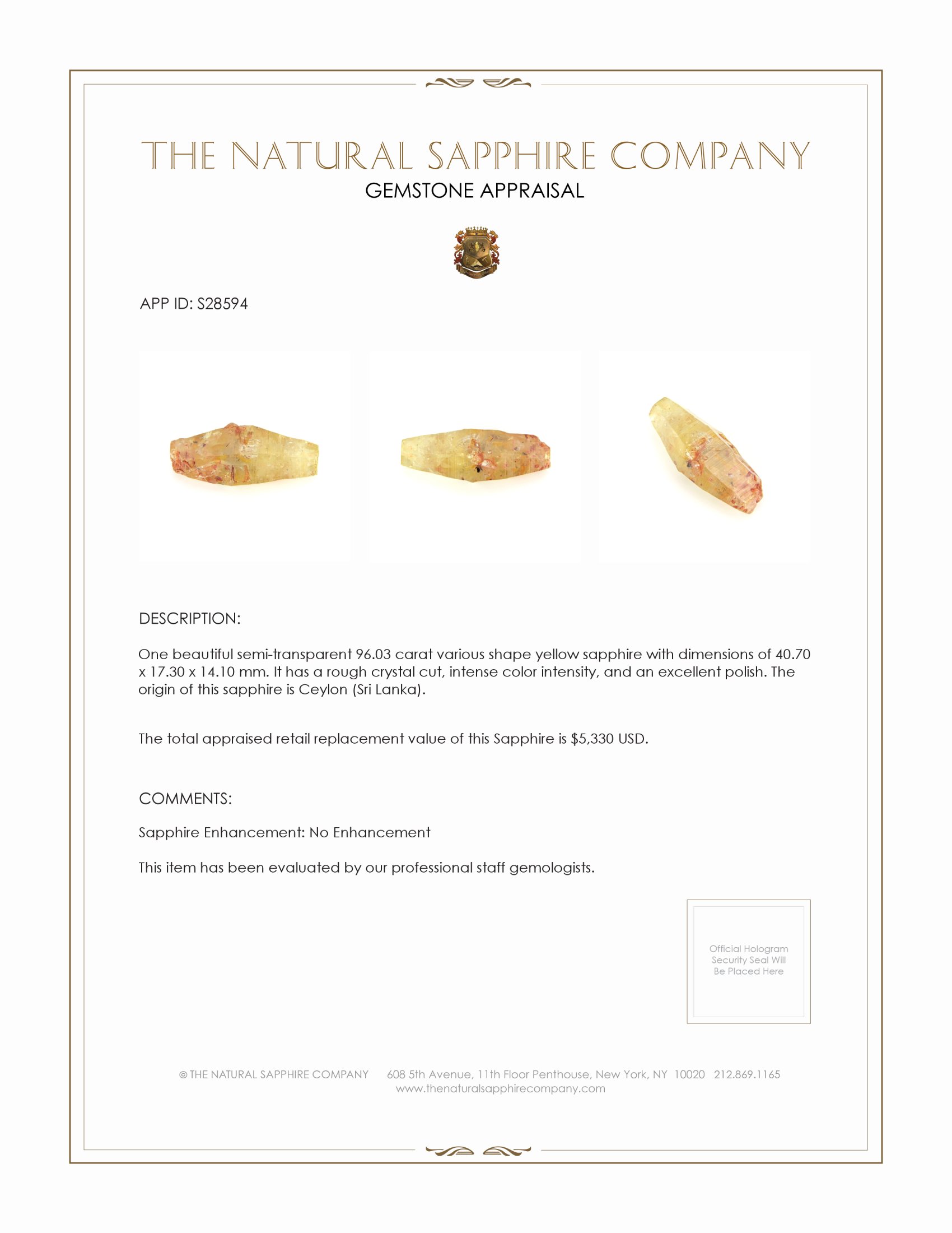 96.03 Ct. Yellow Rough Sapphire Crystal from Ceylon (Sri Lanka)