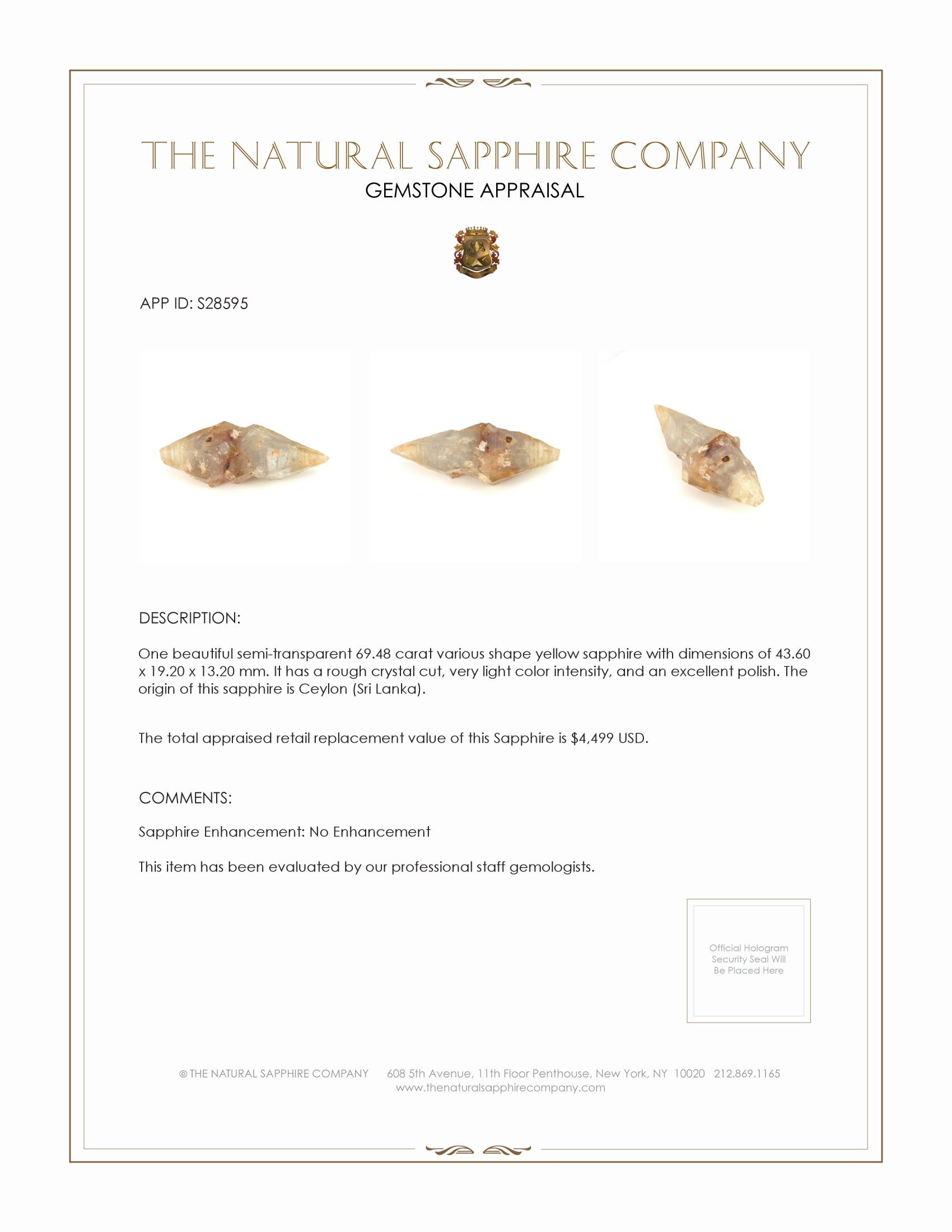 69.48 Ct. Yellow Sapphire Crystal from Ceylon (Sri Lanka)