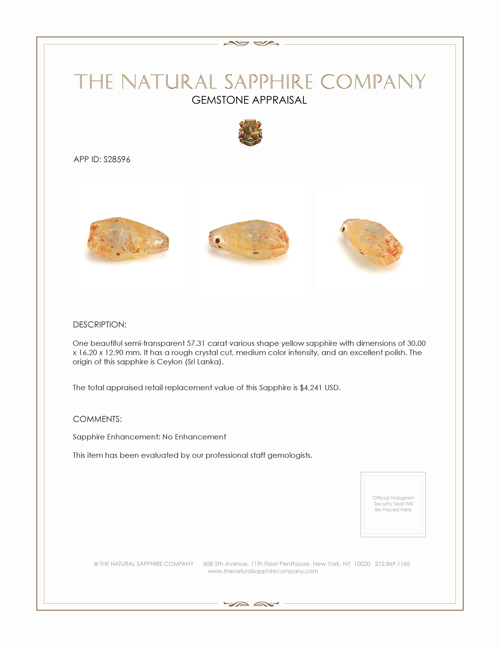 57.31 Ct. Yellow Sapphire Crystal from Ceylon (Sri Lanka)