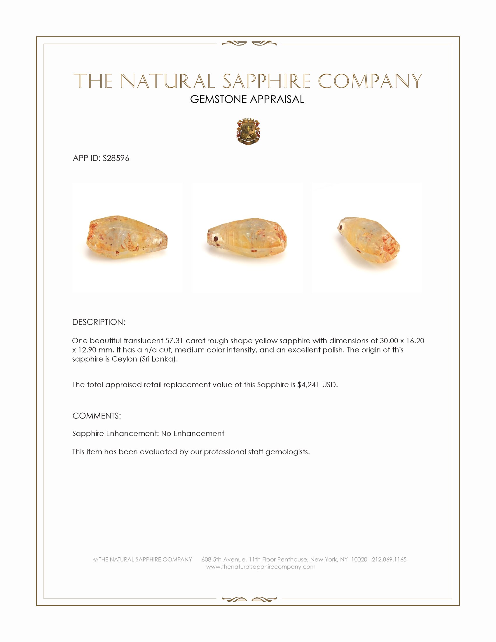 57.31 Ct. Yellow Rough Sapphire from Ceylon (Sri Lanka)