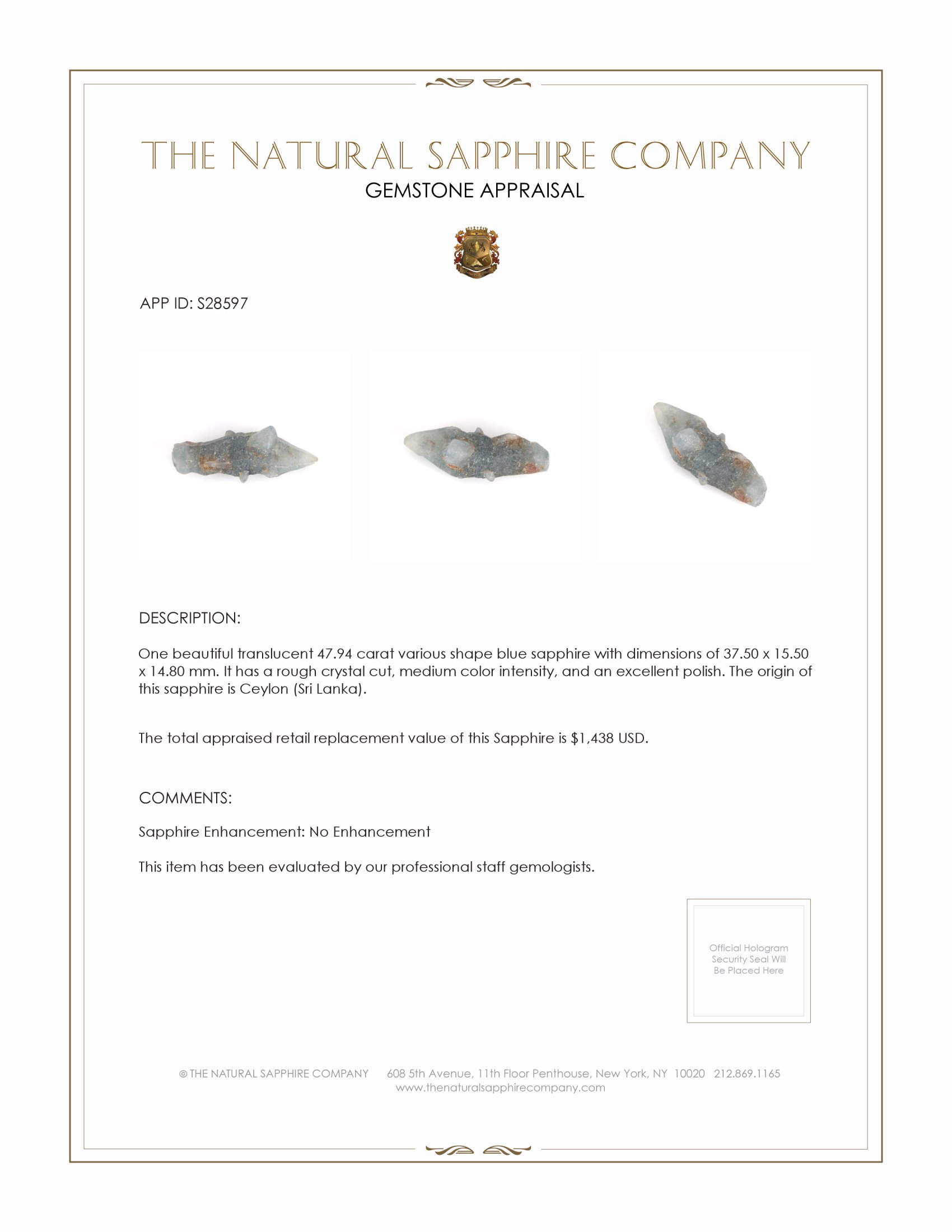 47.94 Ct. Blue Rough Sapphire Crystal from Ceylon (Sri Lanka)