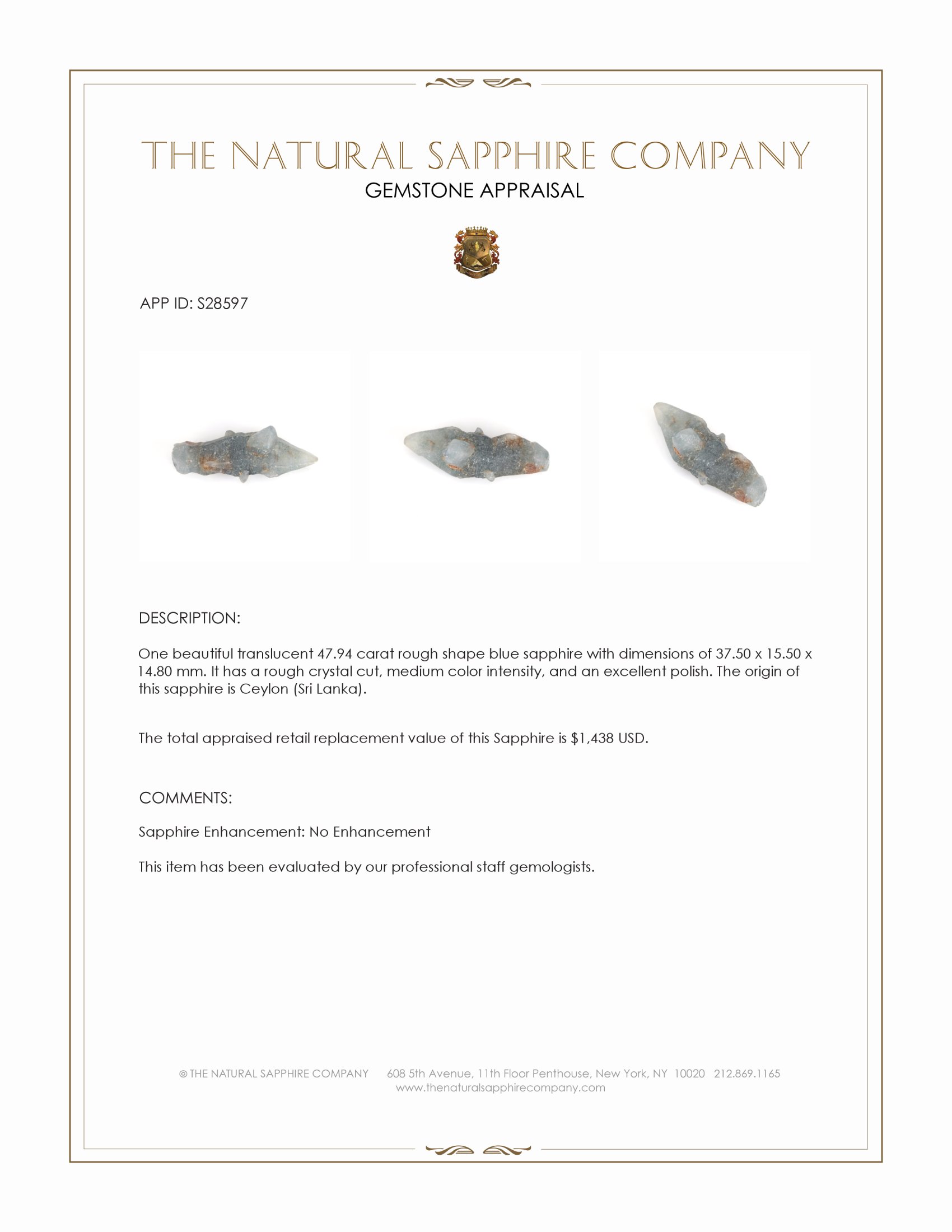 47.94 Ct. Blue Rough Sapphire Crystal from Ceylon (Sri Lanka)