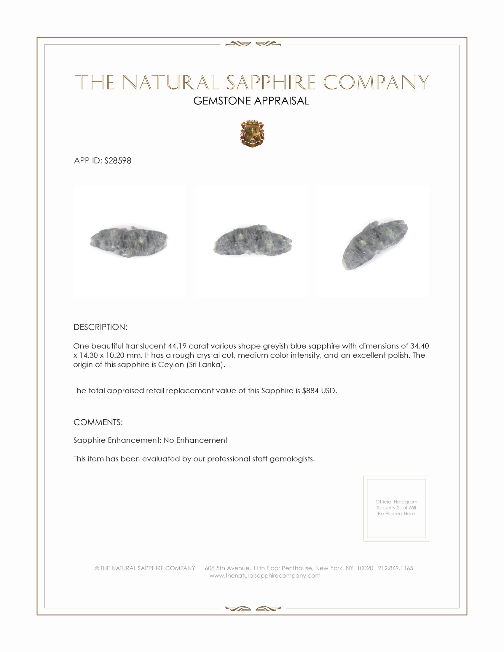 44.19 Ct. Greyish Blue Sapphire Crystal from Ceylon (Sri Lanka)