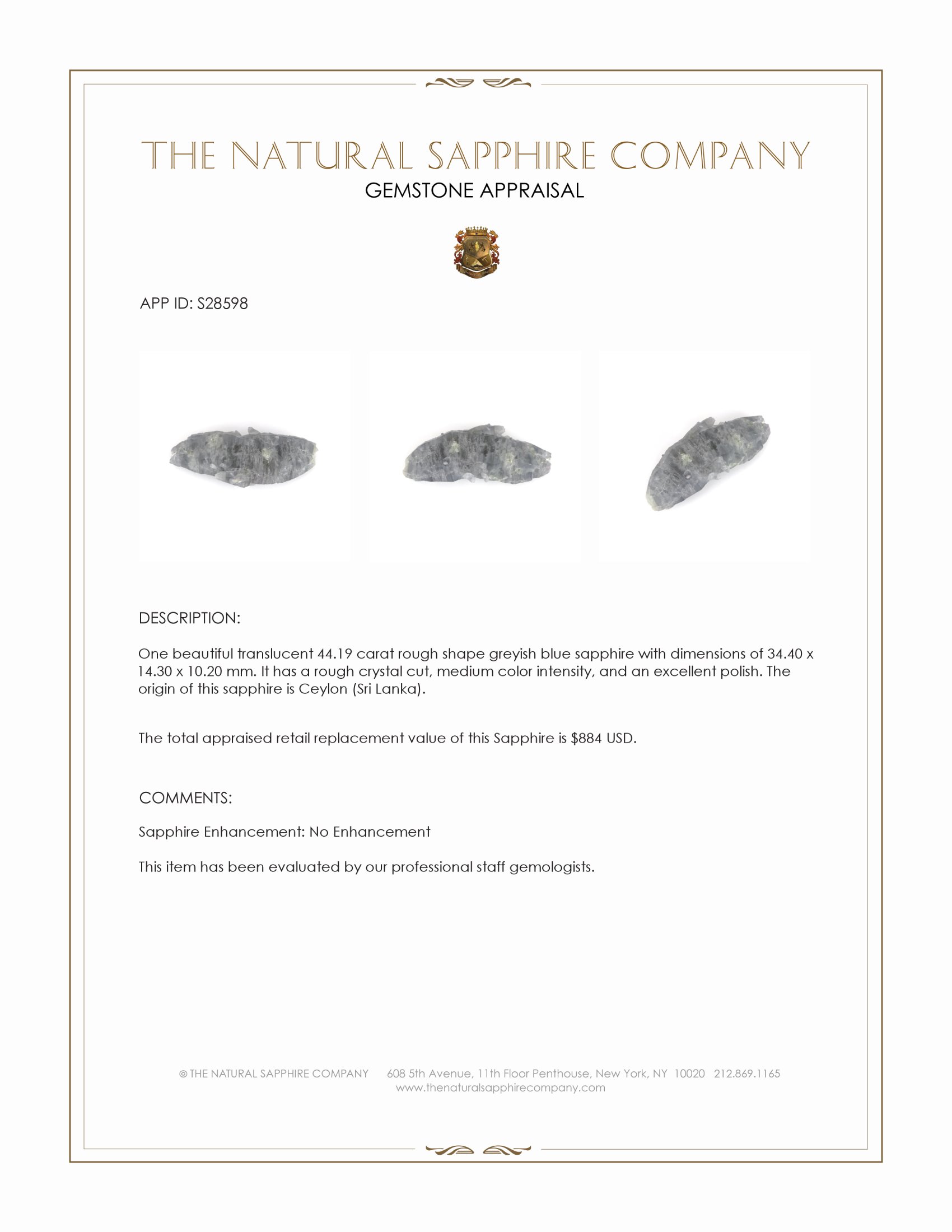 44.19 Ct. Greyish Blue Rough Sapphire Crystal from Ceylon (Sri Lanka)