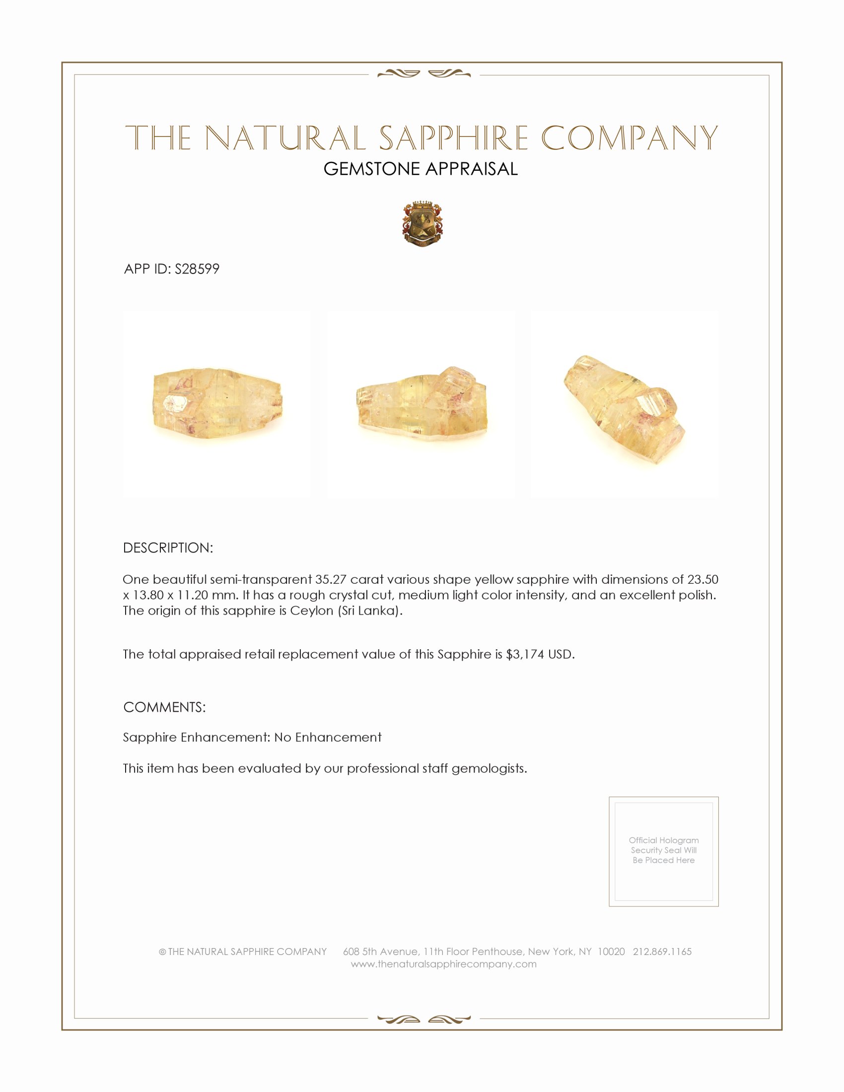 35.27 Ct. Yellow Sapphire Crystal from Ceylon (Sri Lanka)