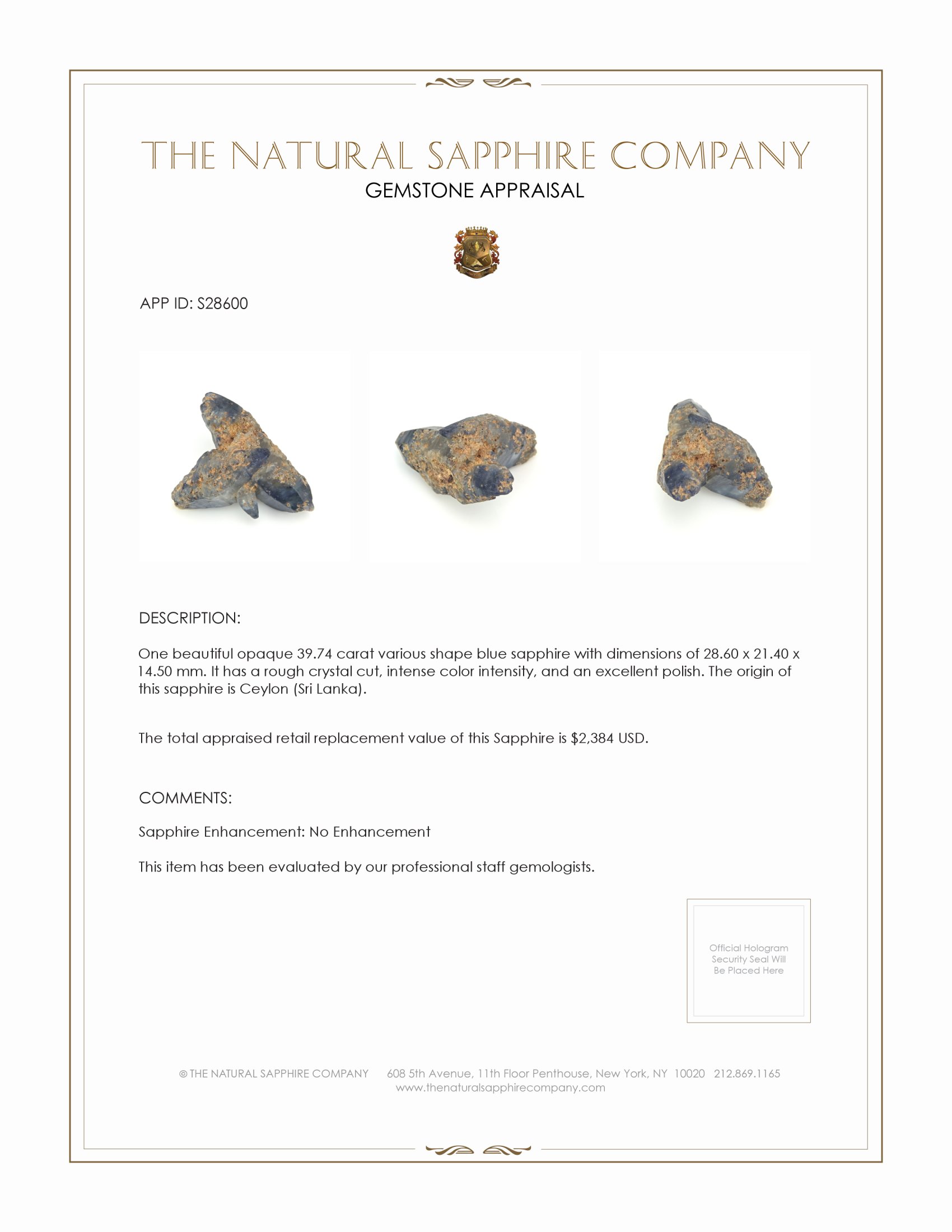 39.74 Ct. Blue Sapphire Crystal from Ceylon (Sri Lanka)