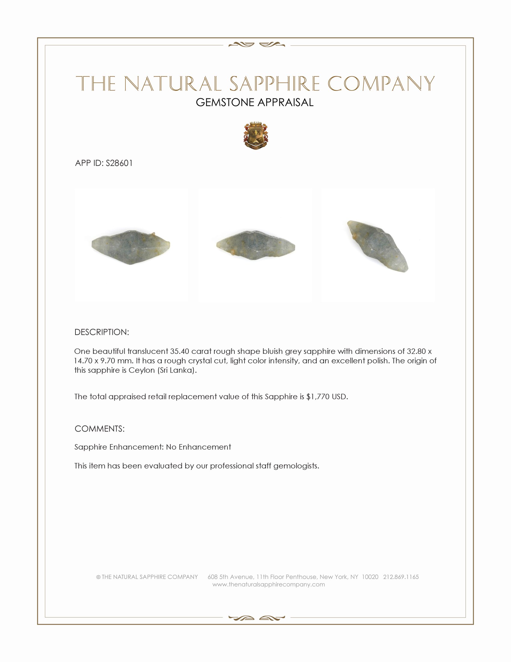 35.40 Ct. Bluish Grey Rough Sapphire Crystal from Ceylon (Sri Lanka)