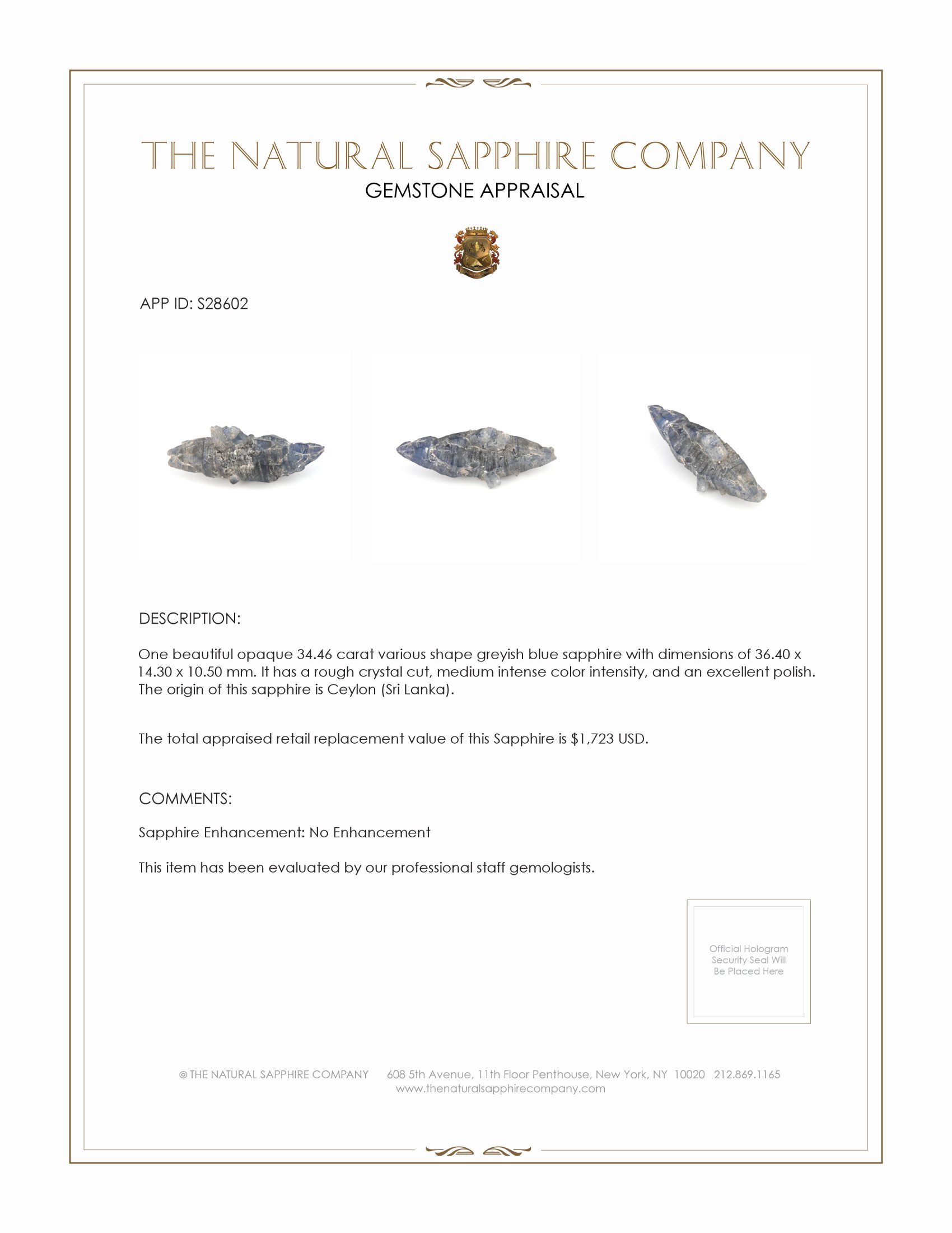 34.46 Ct. Greyish Blue Rough Sapphire Crystal from Ceylon (Sri Lanka)