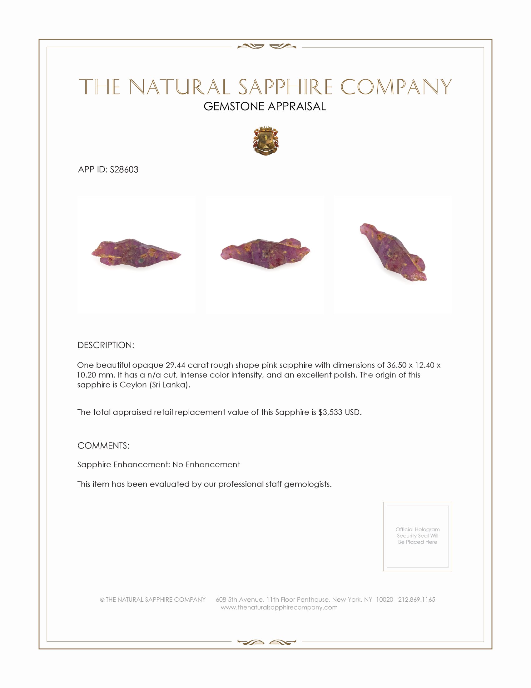 29.44 Ct. Pink Rough Sapphire from Ceylon (Sri Lanka)