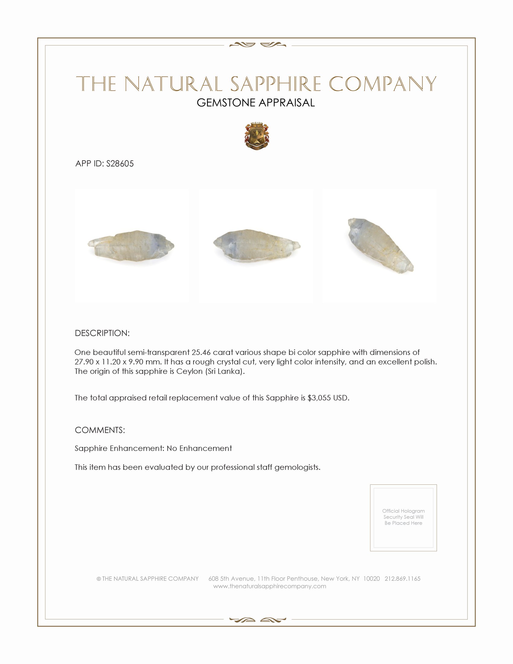 25.46 Ct. Bi Color Sapphire Crystal from Ceylon (Sri Lanka)