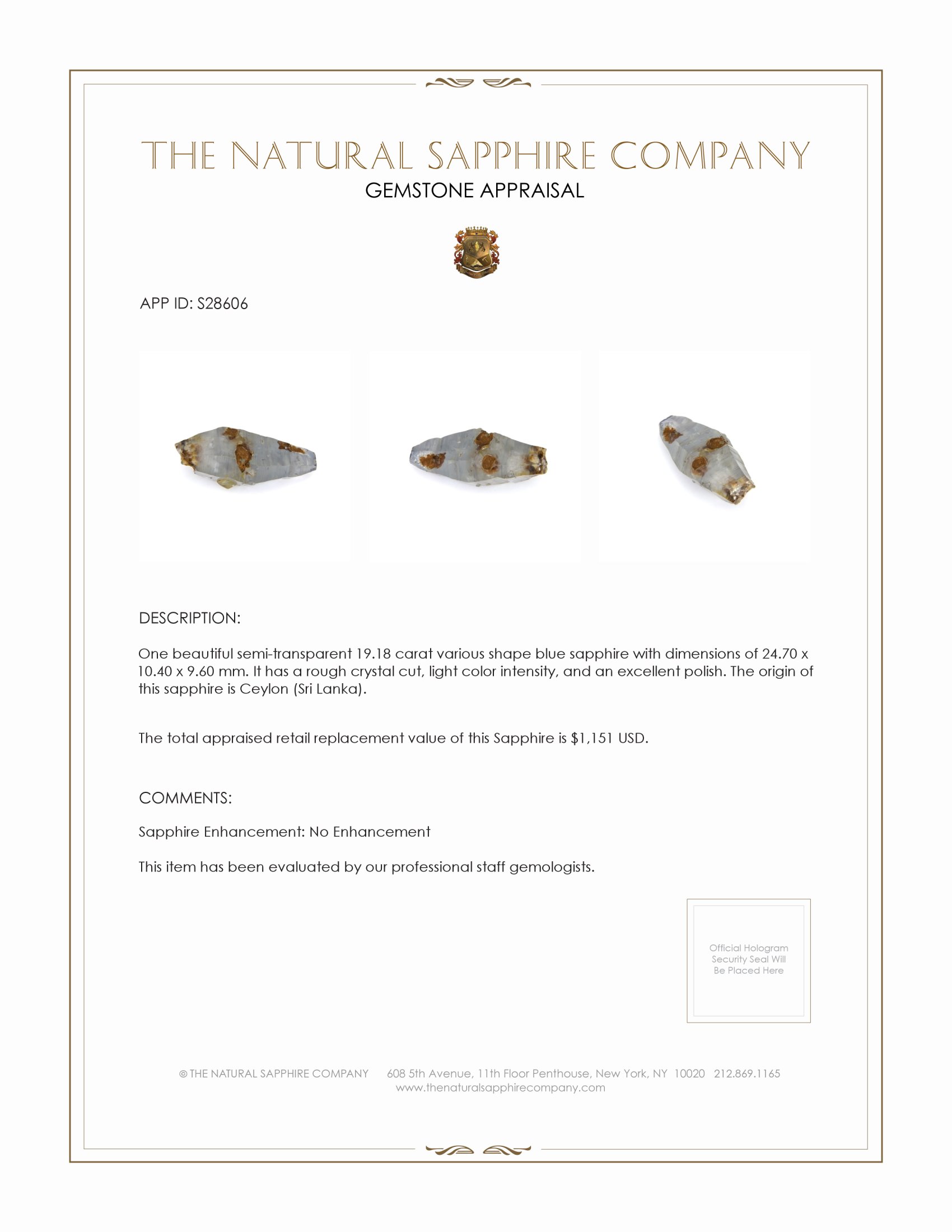 19.18 Ct. Blue Rough Sapphire from Ceylon (Sri Lanka)