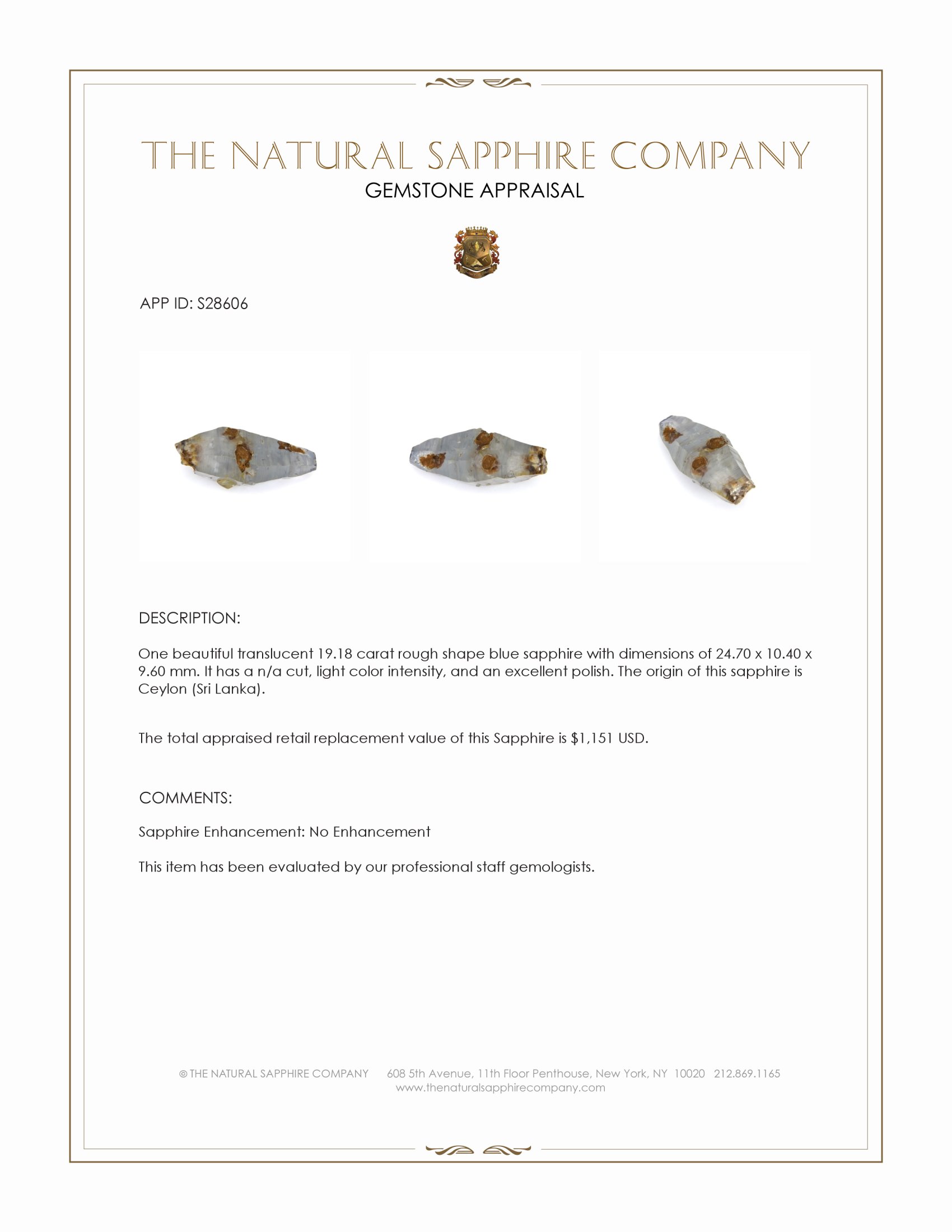 19.18 Ct. Blue Rough Sapphire from Ceylon (Sri Lanka)