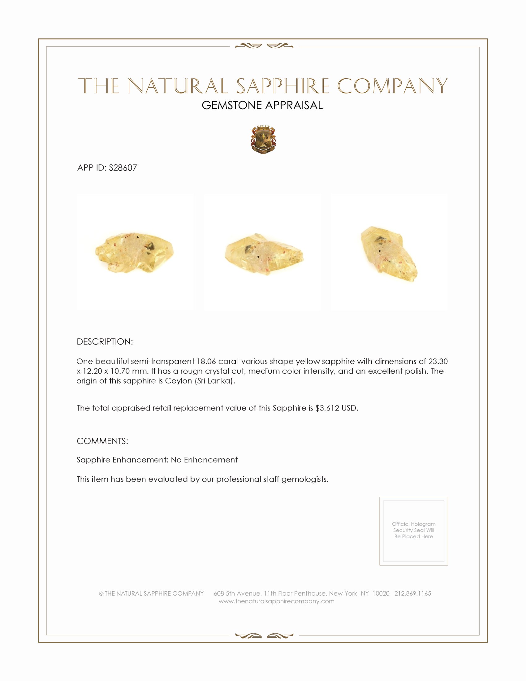 18.06 Ct. Yellow Sapphire Crystal from Ceylon (Sri Lanka)