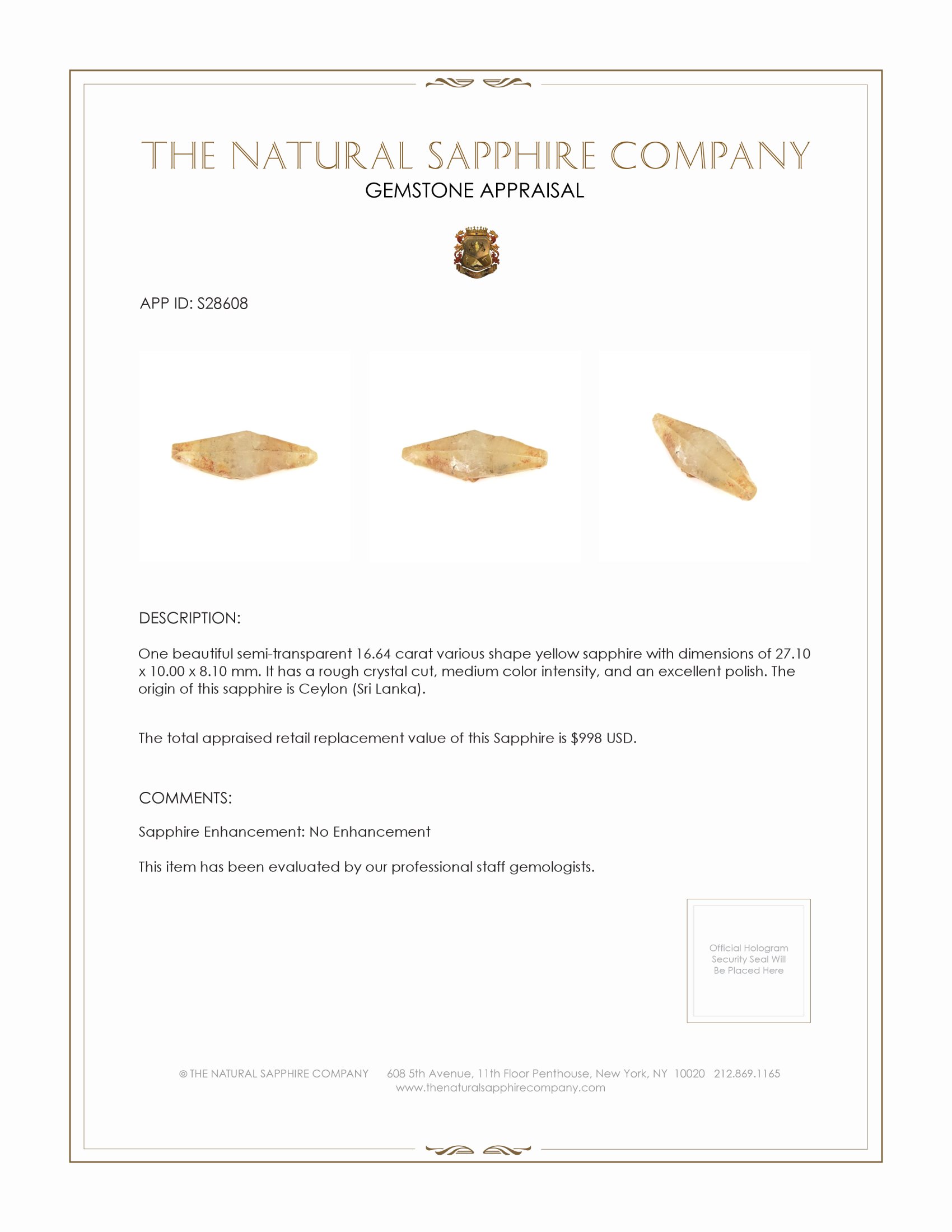 16.64 Ct. Yellow Sapphire Crystal from Ceylon (Sri Lanka)